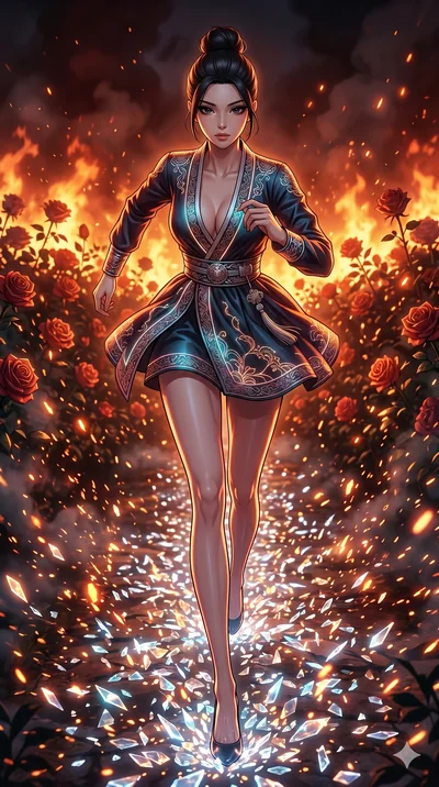 score_9, masterpiece, best quality, ultra-detailed, Set A: High-budget Anime Keyframe, Korean woman. Low angle cowboy shot filling the entire 9:16 frame with her statuesque presence. Sprinting through a burning rose garden, as the ground beneath her 