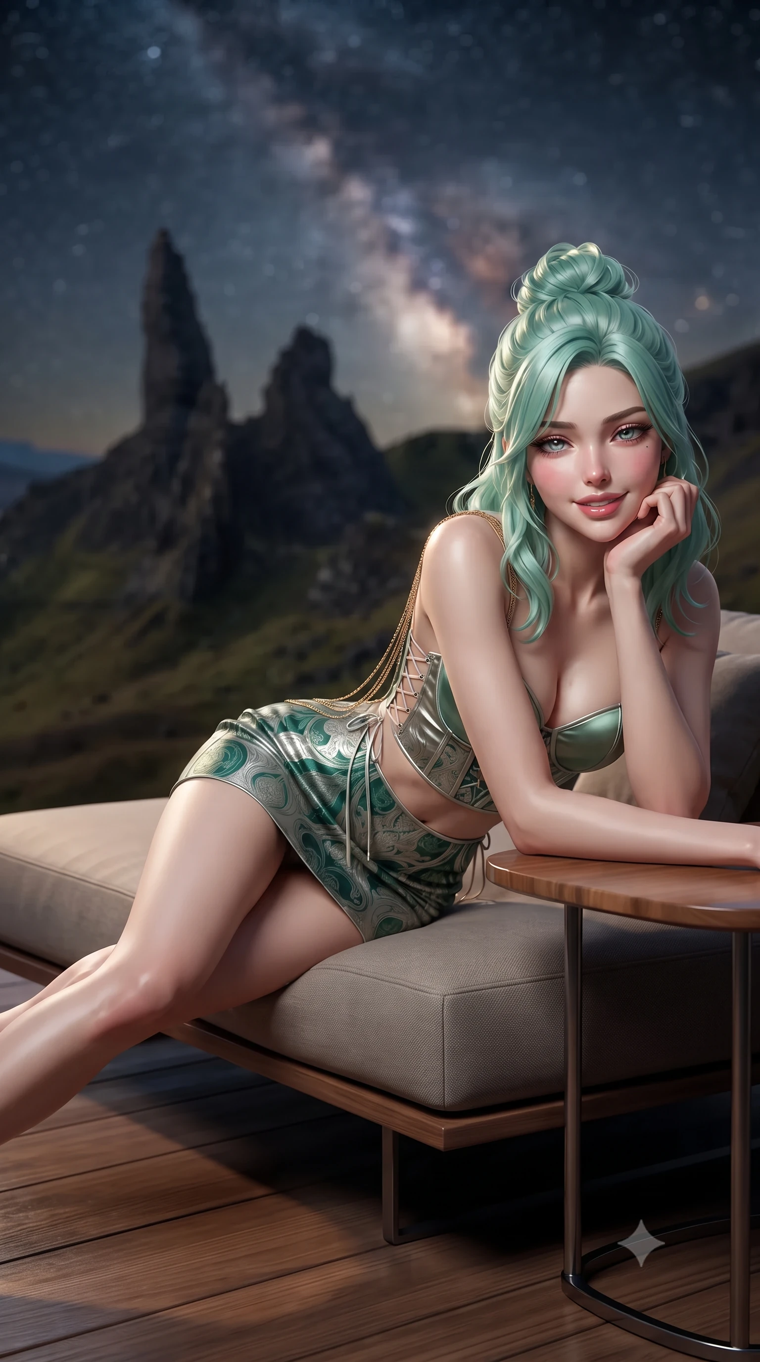 score_9, masterpiece, best quality, ultra-detailed, high-budget anime keyframe, editorial fashion photography, tasteful artistic composition, Japanese woman. close-up cowboy shot from the waist and thighs up, the character dominates the composition, filling the frame with her large presence. resting one elbow on the table and supporting her chin, leaning close to the camera with heavy-lidded sparkling eyes and parted lips while lounging in the modern low-profile daybed propped on one elbow with legs extended, displaying her long slender limbs and statuesque hourglass silhouette against the peaks. The background shows a soft-focus monumental basalt rock spires of the Needle and Prison rock, rolling moorland below, and dense Milky Way starfield blurred into obsidian, amber, and diamond bokeh. She has an exceptionally elegant, slender, and willowy female figure with an ultra-slim waist, flat toned midriff, narrow ribcage, and sculpted feminine hips creating an alluring, slim hourglass silhouette without bulk. sharp v-shaped jawline, high-bridge nose, intricate jewel-like sparkling eyes with depth, thick eyelashes, glossy parted lips with a natural peach sheen, bright cheerful beaming smile with an enchanting and coquettish sensual glint, exuding both youthful cute charm and seductive allure, flawlessly proportioned anatomical accuracy, strict slender model proportions, natural body alignment, perfectly sculpted long slender limbs, ultra-slim waistline, clean dynamic posture without body distortion. wearing a sculpted satin underwire crop bustier with lace-up side ties paired with a micro skirt in Art Nouveau malachite green and antique starlight silver, crafted from bespoke double-faced cashmere with an exceptionally soft tactile finish, accented with an open-back drape framed by falling strands of delicate gold chains, the bespoke structured tailoring following the natural line of her 8.5-heads silhouette with refined elegance. illuminated by deck wood reflection bounce and sharp starlight-platinum rim lights defining her razor-sharp jawline, narrow waist, and curvy hips. ultra-reflective glossy finish, specular highlights, rich textural contrasts, high-contrast stereoscopic depth, volumetric dynamic lighting, 2k, ultra detail, master piece, 9:16 ratio