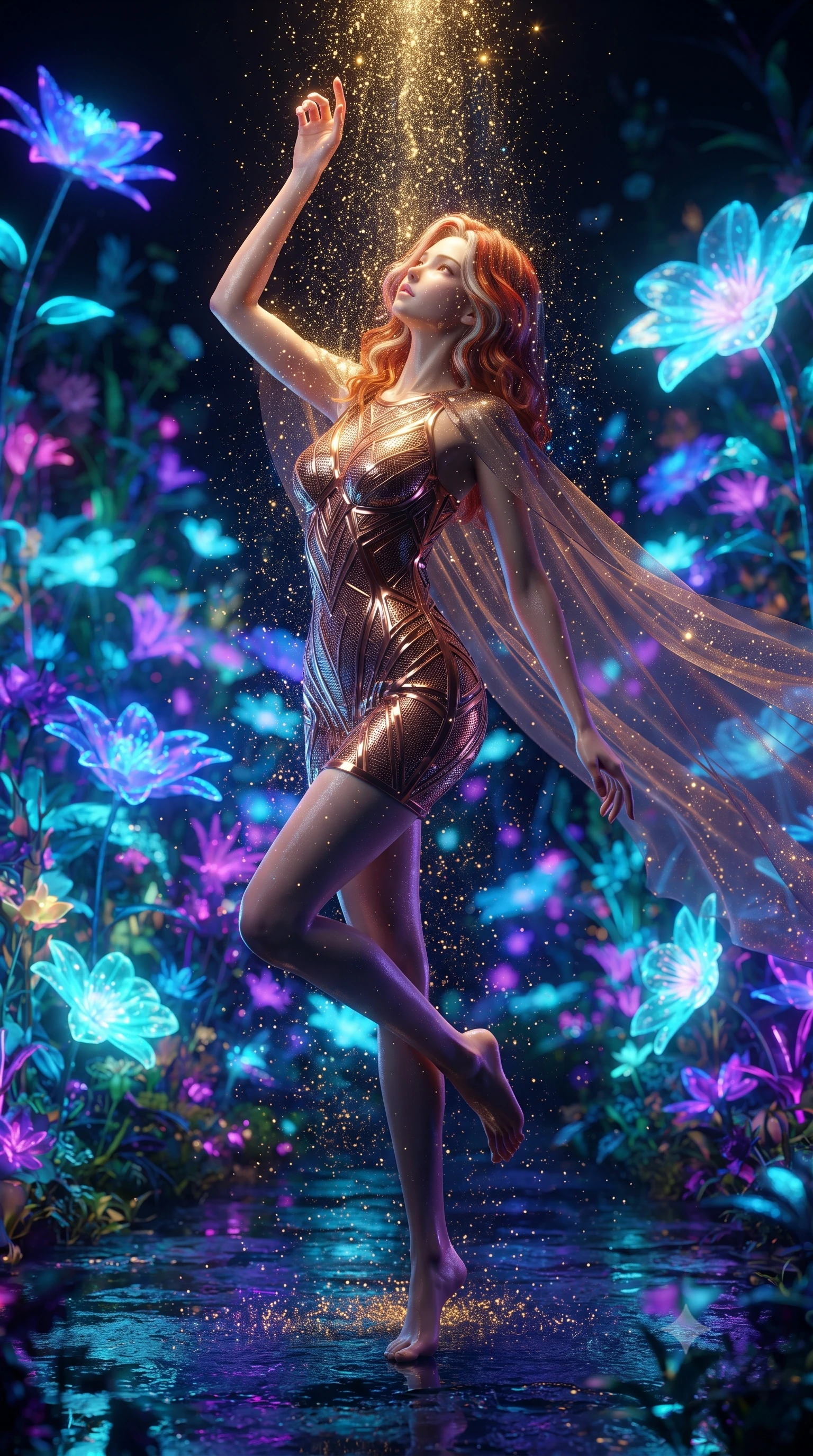 score_9, masterpiece, best quality, ultra-detailed, High-budget Anime Keyframe, editorial fashion photography, tasteful artistic composition, realistic cosplay photography, Caucasian woman, strictly human ears. Dynamic full-body shot stretching the vertical silhouette to the limit. Scenario 491: showering under a cascade of glittering gold stardust inside a virtual garden where neon flowers bloom in the dark. Her presence is magnetic and overpowering in this high-budget cinematic scene. Outfit 491: a form-contouring metallic copper micro-mesh lace mini dress draped with a semi-transparent chiffon cape. The clothing is designed to emphasize her exceptionally tall and slender 8-heads proportion. 8-heads proportion, towering silhouette, ultra-slim waist. sharp v-shaped jawline, intricate jewel-like eyes with depth, thick eyelashes, glossy lips. ultra-reflective glossy finish, specular highlights, metallic sheen, high-contrast stereoscopic depth, volumetric dynamic lighting, 2k, ultra detail, master piece, 9:16 ratio