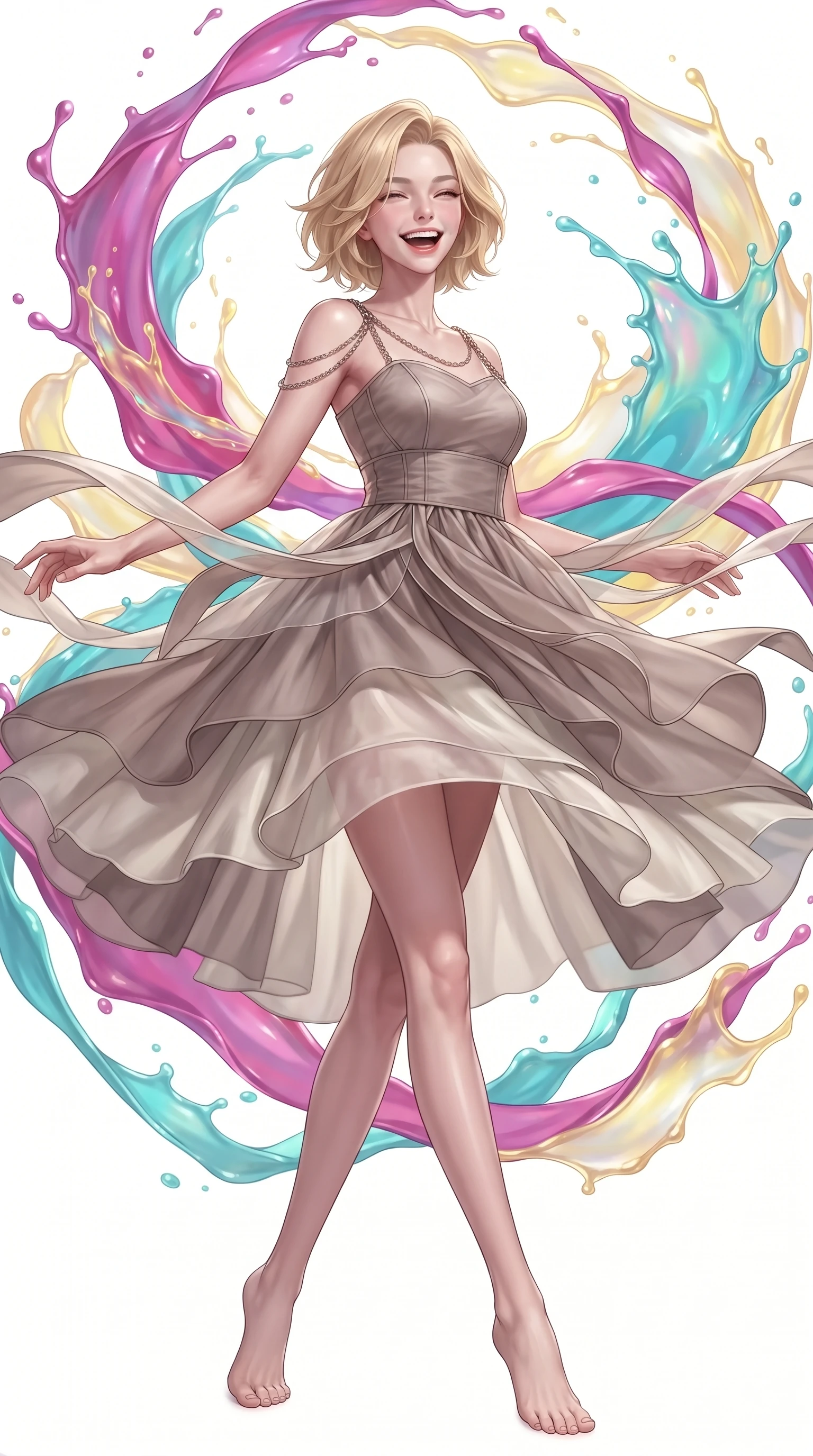 score_9, masterpiece, best quality, ultra-detailed, high-budget anime keyframe, editorial fashion photography, tasteful artistic composition, Caucasian woman. low angle full-body shot from head to toe showing her feet, filling the entire 9:16 vertical frame with her statuesque presence, stretching her vertical silhouette. pivoting dynamically in zero-gravity with a delighted laughing expression, displaying her perfect model proportions while spinning joyfully amidst swirling ribbons of magenta, turquoise, and yellow liquid acrylic paint, vibrant ribbons of opal paint and color splashes frozen in mid-air around her figure. She has an absolutely perfect, statuesque 8.5-heads proportion, an exceptionally tall and slender model-like female figure with impossibly long slender legs and an ultra-slim waist. sharp v-shaped jawline, high-bridge nose, intricate jewel-like eyes with depth, thick eyelashes, glossy lips with a natural sheen, flawlessly proportioned anatomical accuracy, natural body alignment, perfectly sculpted elegant limbs, clean dynamic posture without body distortion. wearing a modern fusion silk hanbok dress with a structured bodice and flowing skirt in muted taupe and soft ivory, woven from fine semi-opaque sheer organza, adorned with delicate metallic chain straps along the neckline, the elegant draped fit framing her graceful clavicle and slender torso. surrounded by a radiant glow of magenta, aqua, and golden fluid highlights. ultra-reflective glossy finish, specular highlights, metallic sheen, high-contrast stereoscopic depth, volumetric dynamic lighting, 2k, ultra detail, master piece, 9:16 ratio