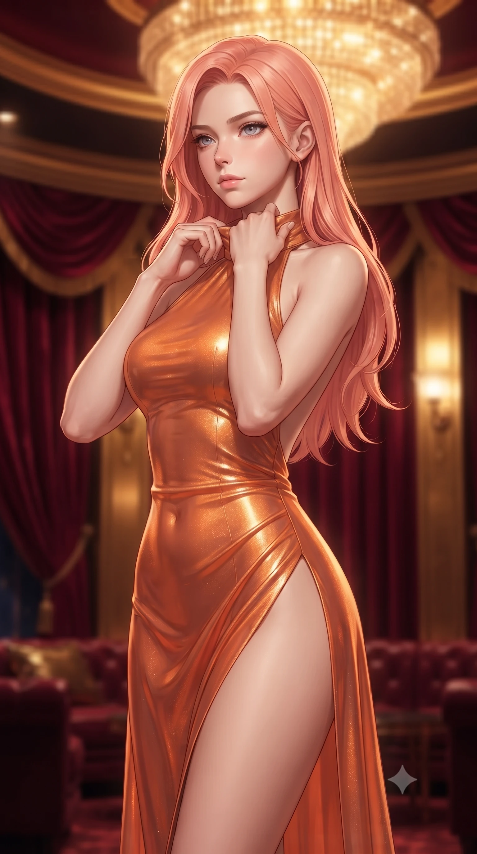 score_9, masterpiece, best quality, ultra-detailed, high-budget anime keyframe, editorial fashion photography, tasteful artistic composition, Japanese woman. close-up cowboy shot from the waist and thighs up, the character dominates the composition, filling the frame with her large presence, background elements kept in soft focus. adjusting the high collar of her body-hugging suit, looking past the camera with quiet, sharp focus and a composed expression, the background shows a soft-focus a VIP lounge suite draped in heavy crimson velvet and gold brass panels. She has an exceptionally elegant, slender, and willowy female figure with an ultra-slim waist, a gracefully sculpted slender torso, and a refined silhouette. sharp v-shaped jawline, high-bridge nose, intricate jewel-like eyes with depth, thick eyelashes, glossy lips with a natural sheen. wearing a form-contouring high-slit space combat gown in sunset orange chiffon, featuring a daring thigh-slit and an open-back design. warm golden light from the massive theater chandelier casting a soft wash. ultra-reflective glossy finish, specular highlights, metallic sheen, high-contrast stereoscopic depth, volumetric dynamic lighting, 2k, ultra detail, master piece, 9:16 ratio