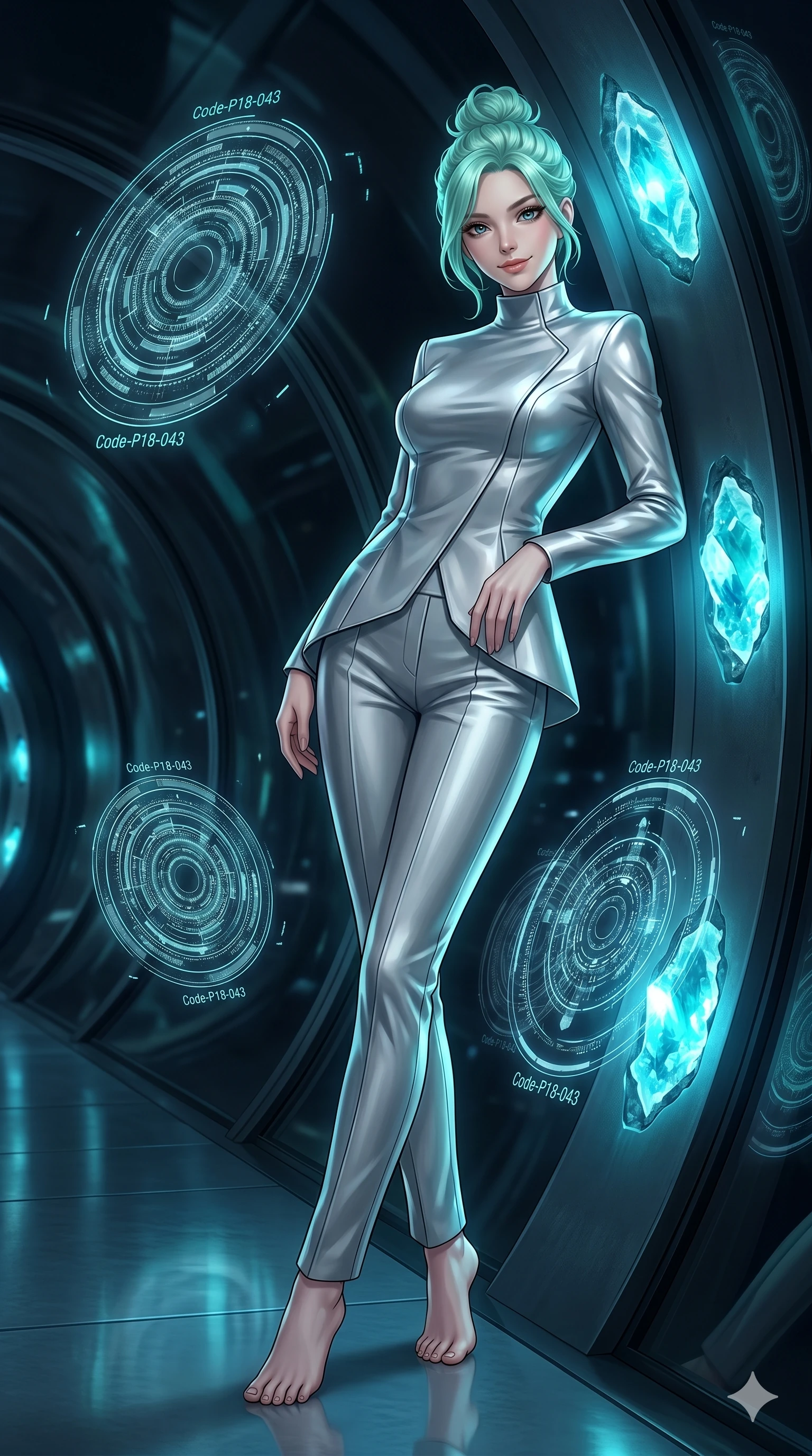 score_9, masterpiece, best quality, ultra-detailed, high-budget anime keyframe, editorial fashion photography, tasteful artistic composition, Japanese woman. low angle full-body shot from head to toe showing her feet, filling the entire 9:16 vertical frame with her statuesque presence, stretching her vertical silhouette. leaning against the glass tunnel wall, looking at the viewer with a mysterious smile in a digital void chamber with rotating holographic mandala rings (Code-P18-043). She has an absolutely perfect 8-heads proportion, an exceptionally tall and slender female figure with impossibly long slender legs and an ultra-slim waist. V-shaped jawline, high-bridge nose, intricate jewel-like eyes with depth, thick eyelashes, glossy lips with a natural sheen. wearing a futuristic high-neck silver jacket with matching long trousers. mystical cyan glow from the crystal geodes, creating a strong contrast with the shadow. 2k, ultra detail, master piece, 9:16 ratio