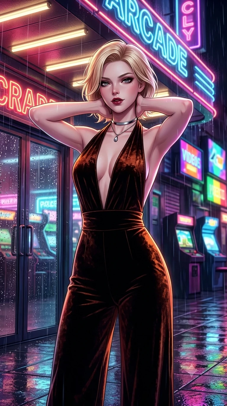 score_9, masterpiece, best quality, ultra-detailed, high-budget anime keyframe, semi-realistic 3D game render, editorial fashion photography, tasteful artistic composition, Caucasian woman. close-up cowboy shot from the waist and thighs up, the character dominates the composition, filling the frame with her large presence. resting both hands lightly behind her neck with elbows raised, arching her spine to highlight her narrow waist, flat midriff, and breathtaking collarbones while standing poised under the brightly lit neon arcade canopy as rain cascades off the eaves, arching her back with effortless siren grace. The surrounding environment is rendered in vivid detail and crisp panoramic clarity: sharp neon glass tube lettering, rain droplet beads on entrance glass, and wet pavement reflection clarity in deep focus. She has an exceptionally elegant, slender, and willowy female figure with an ultra-slim waist, flat toned midriff, narrow ribcage, and sculpted feminine hips creating an alluring, slim hourglass silhouette without bulk. sharp v-shaped jawline, high-bridge nose, intricate jewel-like dark sparkling eyes with dangerous depth, thick curled eyelashes, glossy parted lips with a rich wine sheen, smoldering seductive half-smile with bedroom-eyes, exuding effortless superiority and intoxicating dark allure, flawlessly proportioned anatomical accuracy, strict slender model proportions, natural body alignment, perfectly sculpted long slender limbs, ultra-slim waistline, clean dynamic posture without body distortion. wearing a plunge-front tailored velvet halter jumpsuit with wide fluid legs and backless scoop in dark burnt copper and matte black, tailored from crushed dark velvet with deep light-absorbing plush texture, finished with a minimalist chrome choker and a single teardrop pendant, the form-contouring cut accentuating her sculpted flat midriff, narrow delicate ribcage, and gracefully curvy hips with intoxicating allure. bathed in ultra-saturated rainbow neon glow from illuminated signboards and video screens. highly saturated vibrant anime colors, detailed shading with soft gradients, rich glossy textures, high-contrast stereoscopic depth, volumetric dynamic lighting, master piece, 9:16 ratio