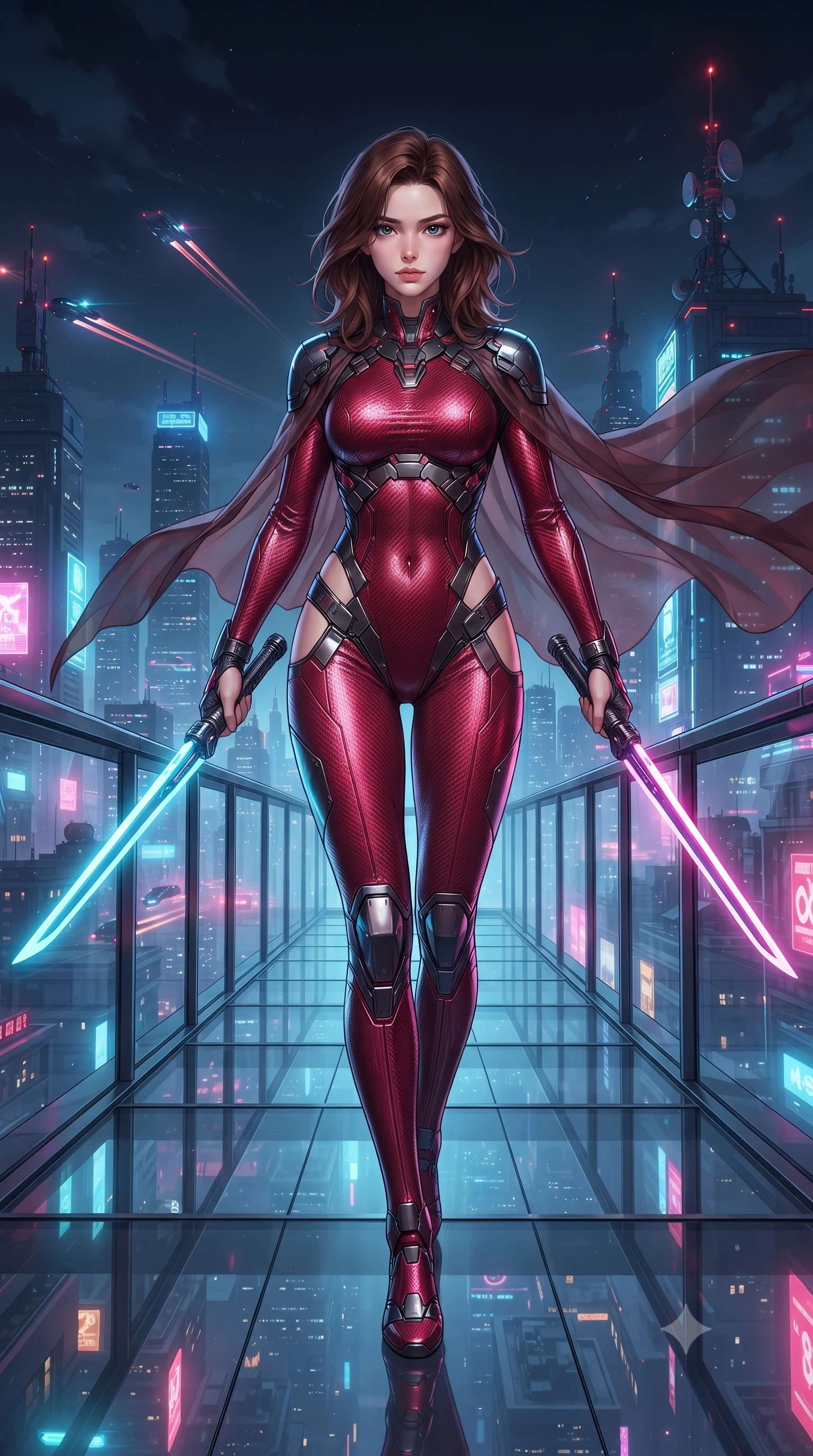 score_9, masterpiece, best quality, ultra-detailed, high-budget anime keyframe, editorial fashion photography, tasteful artistic composition, Korean woman. low angle full-body shot from head to toe showing her feet, filling the entire 9:16 vertical frame with her statuesque presence, stretching her vertical silhouette. striding forward with commanding supermodel grace, weapon held at the ready, her 8.5-heads statuesque silhouette dominating the vertical frame from head to toe while arching her spine in a fluid combat stance as high-altitude winds billow her sheer tactical cape against the glowing city skyline. The surrounding environment is rendered in vivid detail and crisp panoramic clarity. intricate cybernetic katana hilt engravings, skyscraper antenna beacons, and neon city reflections in high clarity. She has an absolutely perfect, statuesque 8.5-heads proportion, an exceptionally tall and slender model-like female figure with impossibly long slender legs, a toned flat midriff, and an ultra-slim waist. sharp v-shaped jawline, high-bridge nose, intricate jewel-like eyes with depth, thick eyelashes, glossy lips with a natural sheen, flawlessly proportioned anatomical accuracy, strict slender model proportions, natural body alignment, perfectly sculpted long slender limbs, ultra-slim waistline, clean dynamic posture without body distortion. wearing a skin-tight crimson carbon-weave combat leotard with metallic dark chrome plating and hip-accentuating cutouts, holding twin glowing high-frequency vibro-blades with effortless supermodel poise in deep crimson carbon weave with specular dark chrome accents, tailored from flexible second-skin carbon-mesh that clings flawlessly to her athletic curves, detailed with magnetic weapon holsters and polished chrome connection clasps, the precision-cut daring openings accentuating her delicate midriff, graceful bare collarbones, and ultra-slim feminine waistline. bathed in vivid high-contrast neon cyan and magenta city backlighting with electric blade glow. ultra-reflective glossy finish, specular highlights, dark metallic sheen, high-contrast stereoscopic depth, volumetric dynamic lighting, 2k, ultra detail, master piece, 9:16 ratio
