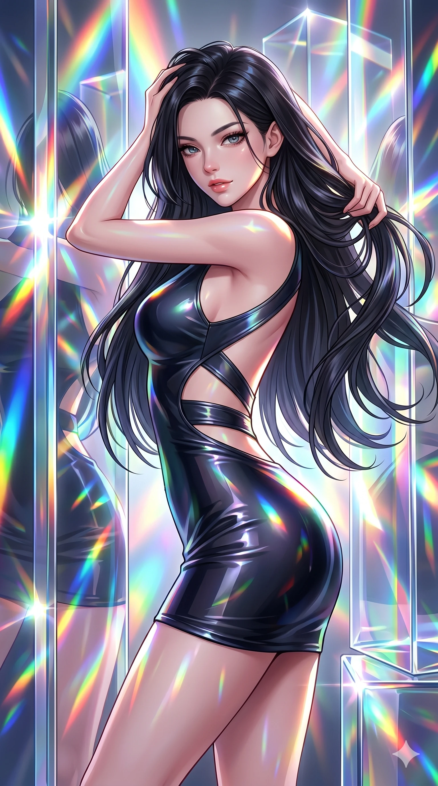 score_9, masterpiece, best quality, ultra-detailed, high-budget anime keyframe, Korean woman. Upper body close-up from the thighs up, character filling the screen for maximum presence. She is bending sideways dynamically, reflecting in a maze of giant prismatic glass blocks that shower bright spectrums of light. She runs a hand through her hair with a playful, teasing expression. She has an absolutely perfect 8-heads proportion, an exceptionally tall and slender female figure with impossibly long slender legs and an ultra-slim waist. V-shaped jawline, high-bridge nose, intricate jewel-like eyes with depth, thick eyelashes, glossy lips with a natural sheen. She is wearing a second-skin fashion-latex mini dress with a clean architectural front, featuring an open-back design that wraps around the sides of her waist, showcasing her slender silhouette. The scene is drenched in blindingly bright rainbow prismatic spotlights with sharp specular highlights. 2k, ultra detail, master piece, 9:16 ratio