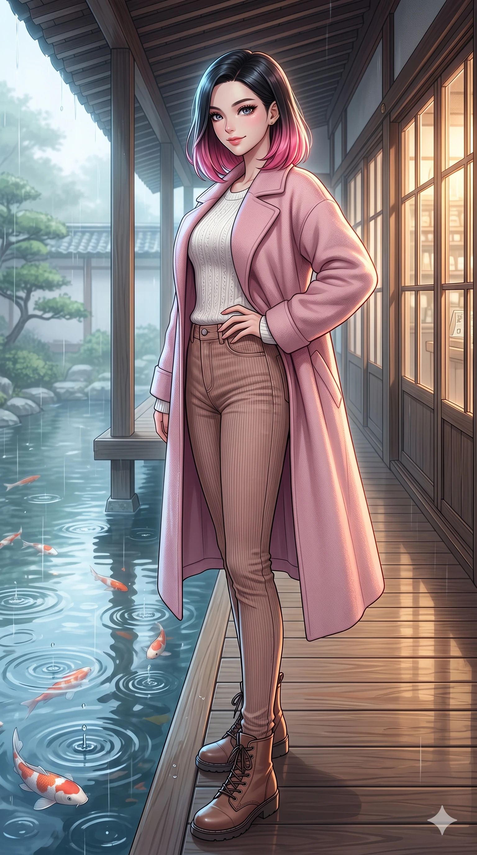 score_9, masterpiece, best quality, ultra-detailed, high-budget anime keyframe, vibrant anime aesthetic, Korean woman. low angle full-body shot from head to toe showing her feet, filling the entire 9:16 vertical frame with her statuesque presence, stretching her vertical silhouette. She is posing with a confident, magnetic smile, one hand on her waist, looking over her shoulder at the camera surrounded by fresh morning mist. on a wooden veranda of a traditional garden pavilion, watching rain ripples in a large koi pond (Code-P22-025). She has an absolutely perfect 8-heads proportion, an exceptionally tall and slender female figure with impossibly long slender legs and an ultra-slim waist. V-shaped jawline, high-bridge nose, intricate jewel-like eyes with depth, thick eyelashes, glossy lips with a natural sheen. wearing a cozy woolen coat in pastel pink over a white knit top and fitted corduroy pants with stylish boots. She is illuminated by dramatic rim lights from a vintage shop window, adding depth to her jewel-like eyes during a refreshing sun shower. 2k, ultra detail, master piece, 9:16 ratio