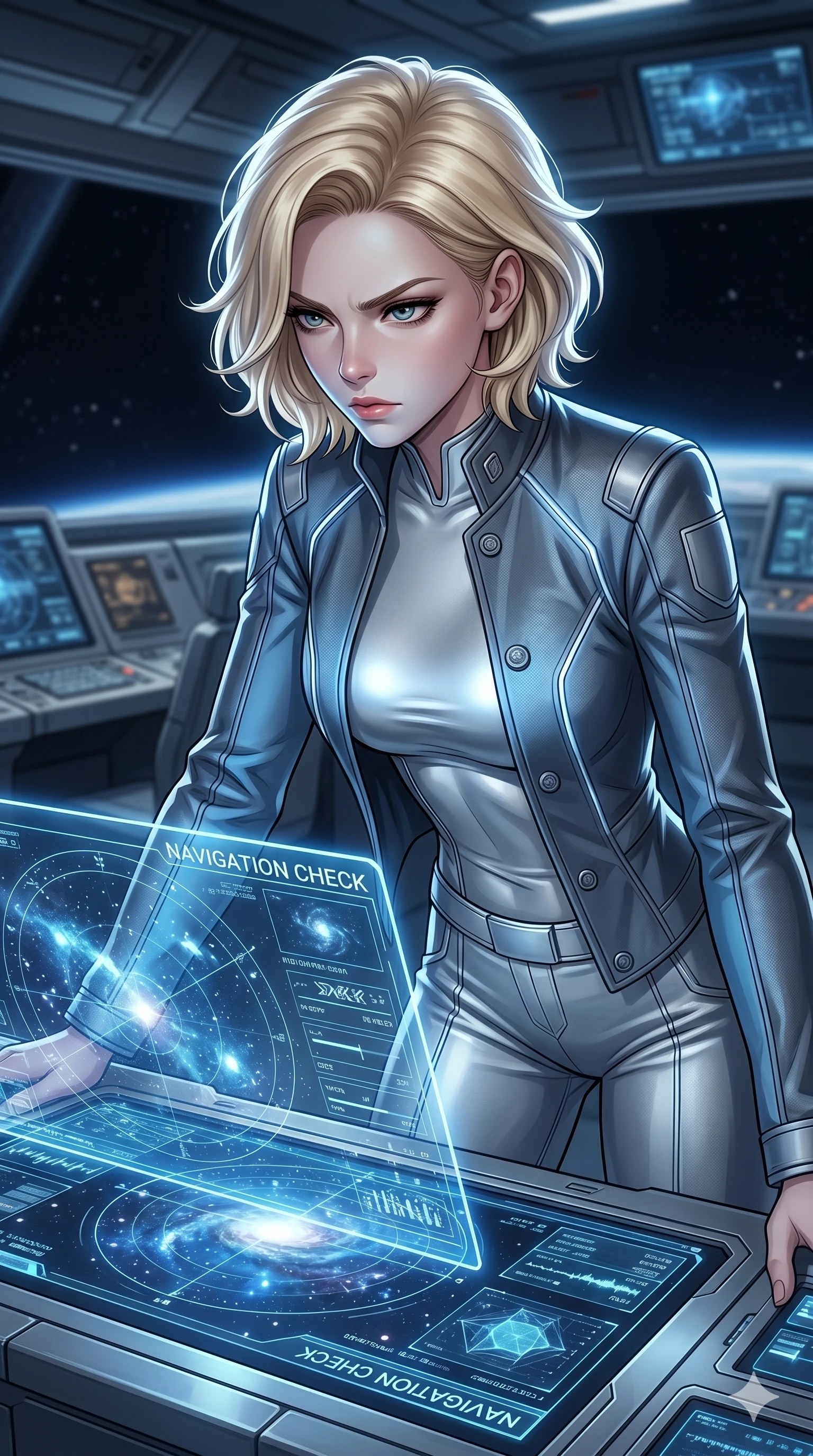 score_9, masterpiece, best quality, ultra-detailed, high-budget anime keyframe, editorial fashion photography, tasteful artistic composition, Caucasian woman, strictly human ears. Upper body close-up from the thighs up, character filling the screen for maximum presence. On a spacecraft bridge, during a navigation check, looking at the star map screen with a focused, serious expression. She is wearing a sharp tailored space uniform jacket over a silver top and pants. The scene is illuminated by the blue and white lights of the star map screen. 2k, ultra detail, master piece, 9:16 ratio