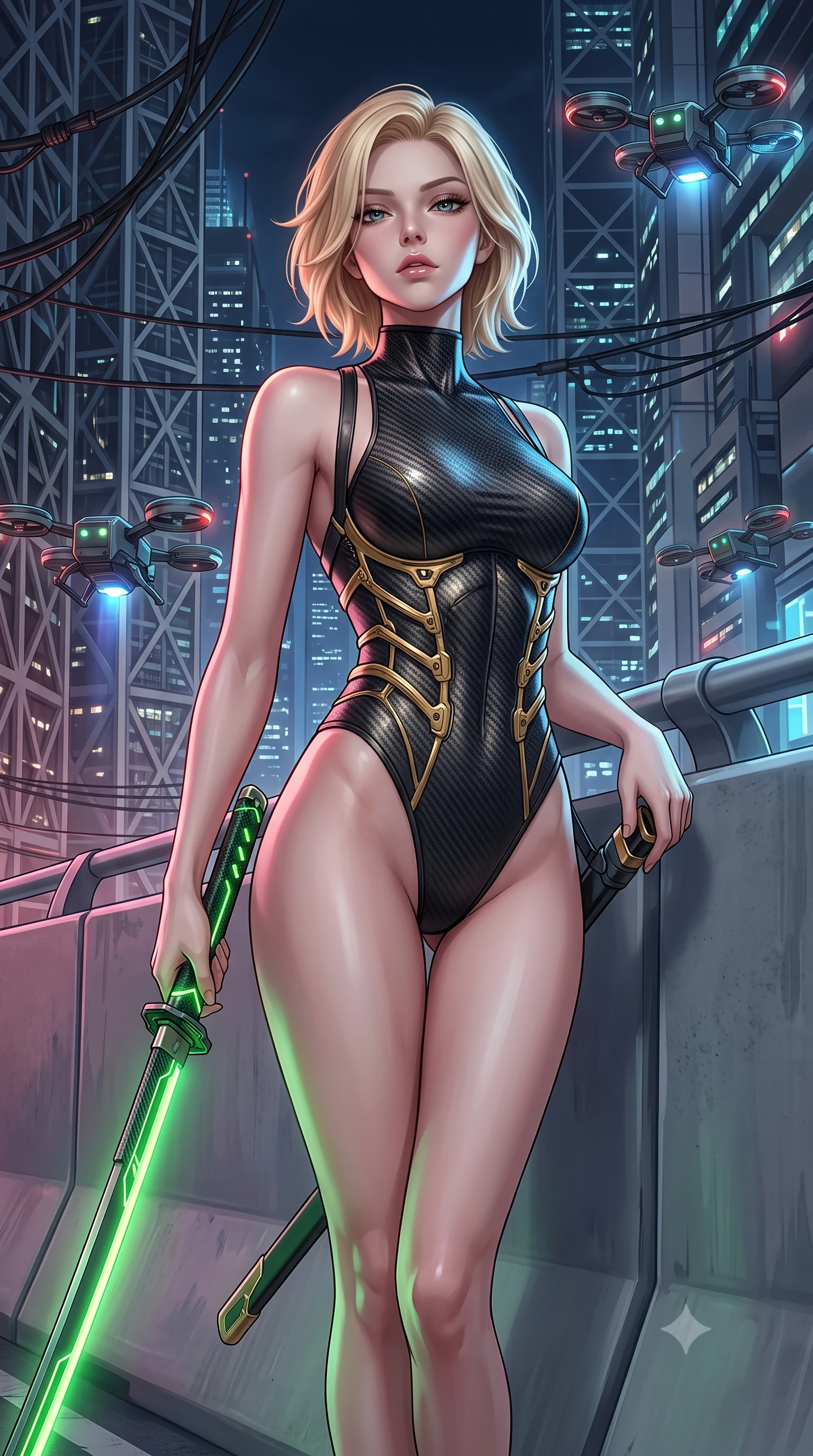 score_9, masterpiece, best quality, ultra-detailed, high-budget anime keyframe, semi-realistic 3D game render, editorial fashion photography, tasteful artistic composition, Caucasian woman. close-up cowboy shot from the waist and thighs up, the character dominates the composition, filling the frame with her large presence. tilting her head back with serene regal elegance, her sharp jawline and sculpted collarbones highlighted by glowing weapon energy reflections while leaning against a sleek highway divider barrier with blades resting at her sides, looking into the lens with a dangerous smolder. The surrounding environment is rendered in vivid detail and crisp panoramic clarity. intricate hilt power cables, hovering traffic drones, and skyscraper facade lattices in high clarity. She has an exceptionally elegant, slender, and willowy female figure with an ultra-slim waist, a gracefully sculpted slender torso, toned flat midriff, and a refined slim silhouette. sharp v-shaped jawline, high-bridge nose, intricate jewel-like eyes with depth, thick eyelashes, glossy lips with a natural sheen, flawlessly proportioned anatomical accuracy, strict slender model proportions, natural body alignment, perfectly sculpted long slender limbs, ultra-slim waistline, clean dynamic posture without body distortion. wearing a precision-tailored high-fashion carbon-fiber corset bodysuit with gold mechanical rib boning, wielding a glowing energy katana with royal elegance in emerald green carbon composite with glowing lime laser channels, crafted from ultra-strong woven carbon-fiber composite with a satin luster, complemented by criss-cross back harness straps highlighting her completely bare spine, the form-contouring material adhering flawlessly to her sculpted flat midriff and slender torso, emphasizing her long leg lines and perfectly proportioned willowy build. surrounded by a fast, fierce, and intoxicatingly seductive cyber-assassin muse aura. rich saturated anime colors with glowing neon highlights, detailed shading with soft gradients, rich glossy textures, high-contrast stereoscopic depth, volumetric dynamic lighting, master piece, 9:16 ratio