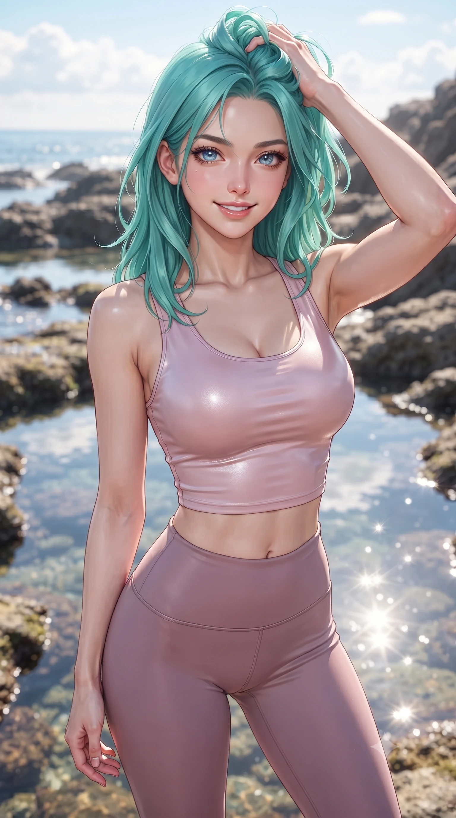 score_9, masterpiece, best quality, ultra-detailed, high-budget anime keyframe, editorial fashion photography, tasteful artistic composition, Japanese woman woman. close-up cowboy shot from the waist and thighs up, the character dominates the composition, filling the frame with her large presence, background elements kept in soft focus. smiling with quiet, magnetic self-assurance directly into the camera, running a hand through her hair the background shows a soft-focus a rocky coastal shoreline with clear tide pools reflecting the sky and clouds. She has an exceptionally elegant, slender, and willowy female figure with an ultra-slim waist, a gracefully sculpted slender torso, and a refined silhouette. sharp v-shaped jawline, high-bridge nose, intricate jewel-like eyes with depth, thick eyelashes, glossy lips with a natural sheen. wearing a body-hugging body-hugging light pink crop tank top paired with high-waisted tight-fitting leggings. bright morning sun rays creating sparkling glints on the water pool. ultra-reflective glossy finish, specular highlights, metallic sheen, high-contrast stereoscopic depth, volumetric dynamic lighting, 2k, ultra detail, master piece, 9:16 ratio