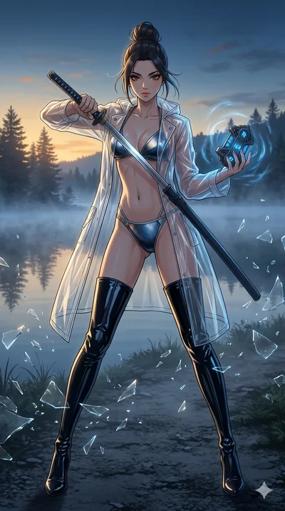 score_9, masterpiece, best quality, ultra-detailed, Set A: High-budget Anime Keyframe, Japanese woman. Low angle cowboy shot filling the entire 9:16 frame with her statuesque presence. Drawing a blade through a misty lakeside at dawn, holding a relic