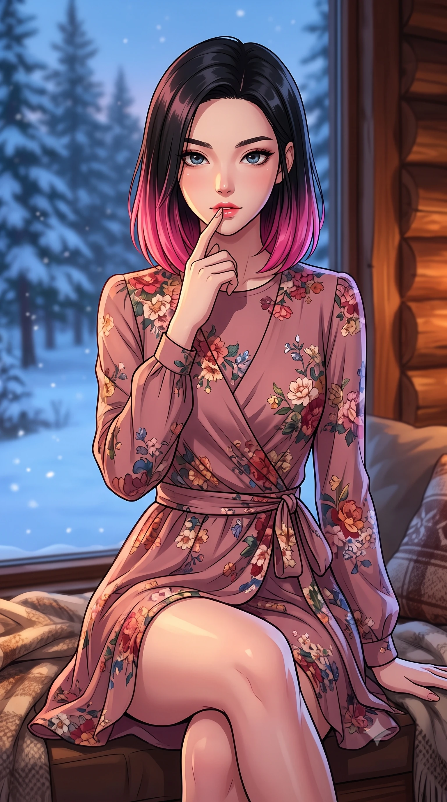 score_9, masterpiece, best quality, ultra-detailed, high-budget anime keyframe, tasteful artistic composition, Korean woman. close-up cowboy shot from the waist and thighs up, the character dominates the composition, filling the frame with her large presence, background elements kept in soft focus. pressing one finger to her bottom lip in a thoughtful, seductive gesture under the warm sun the background shows a soft-focus a cozy window seat of a luxury log cabin overlooking snowy pine woods at dusk. She has an exceptionally elegant, slender, and willowy female figure with an ultra-slim waist, a gracefully sculpted slender torso, and a refined silhouette. sharp v-shaped jawline, high-bridge nose, intricate jewel-like eyes with depth, thick eyelashes, glossy lips with a natural sheen. wearing a tailored flowy floral-patterned wrap dress in dusty rose chiffon with long sleeves and a modest crew neck. warm fireplace light contrasting with the cool blue snow-reflected daylight. highly saturated vibrant anime colors, cel-shading, 2d style, master piece, 9:16 ratio