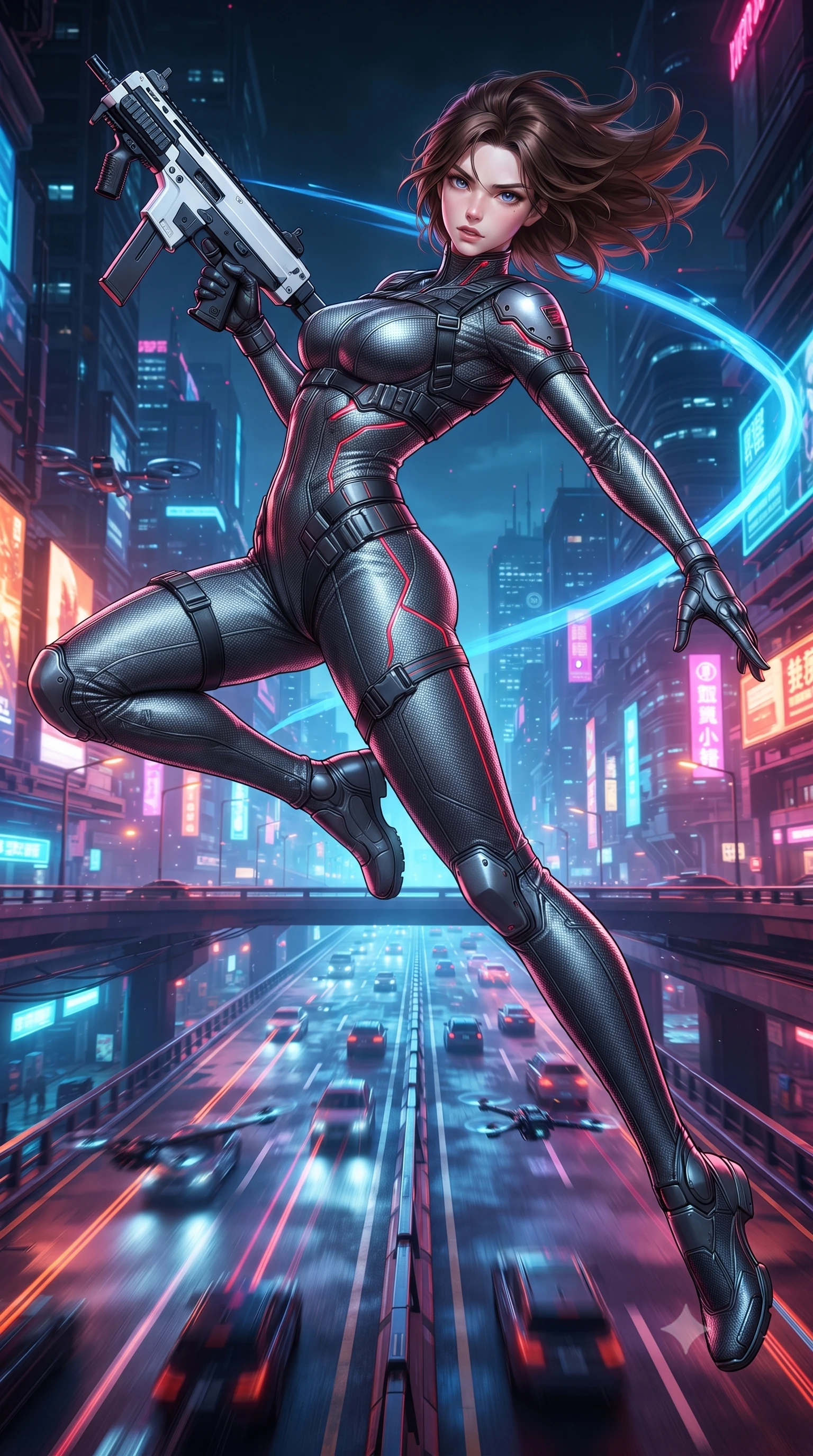 score_9, masterpiece, best quality, ultra-detailed, high-budget anime keyframe, editorial fashion photography, tasteful artistic composition, Korean woman. low angle full-body shot from head to toe showing her feet, filling the entire 9:16 vertical frame with her statuesque presence, stretching her vertical silhouette. arching her back gracefully in mid-air during a dynamic combat vault, her weapon energy trail framing her statuesque presence while striding commanding down an elevated neon-lit expressway as autonomous cyber-traffic speeds past in blurred light trails. The surrounding environment is rendered in vivid detail and crisp panoramic clarity. vibrant high-contrast neon illumination and high-speed cyberpunk kinetic energy rendered with precision. She has an absolutely perfect, statuesque 8.5-heads proportion, an exceptionally tall and slender model-like female figure with impossibly long slender legs, a toned flat midriff, and an ultra-slim waist. sharp v-shaped jawline, high-bridge nose, intricate jewel-like eyes with depth, thick eyelashes, glossy lips with a natural sheen, flawlessly proportioned anatomical accuracy, strict slender model proportions, natural body alignment, perfectly sculpted long slender limbs, ultra-slim waistline, clean dynamic posture without body distortion. wearing a second-skin dark gunmetal carbon-weave battle-suit with crimson laser conduits, brandishing a sleek high-tech composite submachine weapon with effortless allure in monochrome white enamel carbon with high-contrast black panels, made of liquid carbon-jersey fabric adhering flawlessly to her sculpted silhouette, reinforced by a sleek titanium tactical harness and glowing micro-energy straps, the form-contouring material adhering flawlessly to her sculpted flat midriff and slender torso, emphasizing her long leg lines and perfectly proportioned willowy build. surrounded by a fast, fierce, and intoxicatingly seductive cyber-assassin muse aura. ultra-reflective glossy finish, specular highlights, dark metallic sheen, high-contrast stereoscopic depth, volumetric dynamic lighting, 2k, ultra detail, master piece, 9:16 ratio