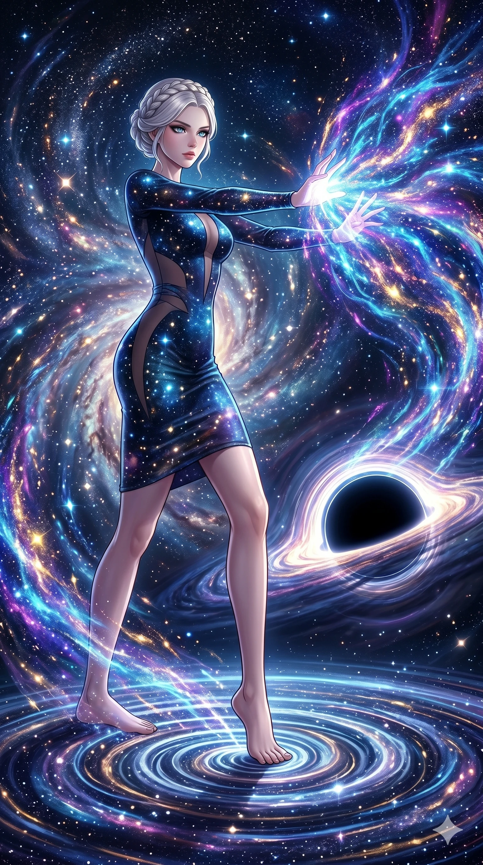 score_9, masterpiece, best quality, ultra-detailed, Set A: High-budget Anime Keyframe, Japanese woman. Low angle cowboy shot filling the entire 9:16 frame with her statuesque presence. Theme: Historical Remix. unleashing a massive energy wave in the edge of a black hole, as she steps on ripples of time that distort the space 121. The atmosphere is filled with a swirling vortex of stars. She has an absolutely perfect 8-heads proportion, an exceptionally tall and slender female figure with impossibly long slender legs and an ultra-slim waist. Sharp v-shaped jawline, high-bridge nose, intricate jewel-like eyes with depth, glossy lips. Wearing Galaxy-print bodycon dress with real glowing star-points and sheer side panels. Cinematic lighting, vivid colors, dramatic shadows, 2k, ultra detail, master piece, 9:16 ratio