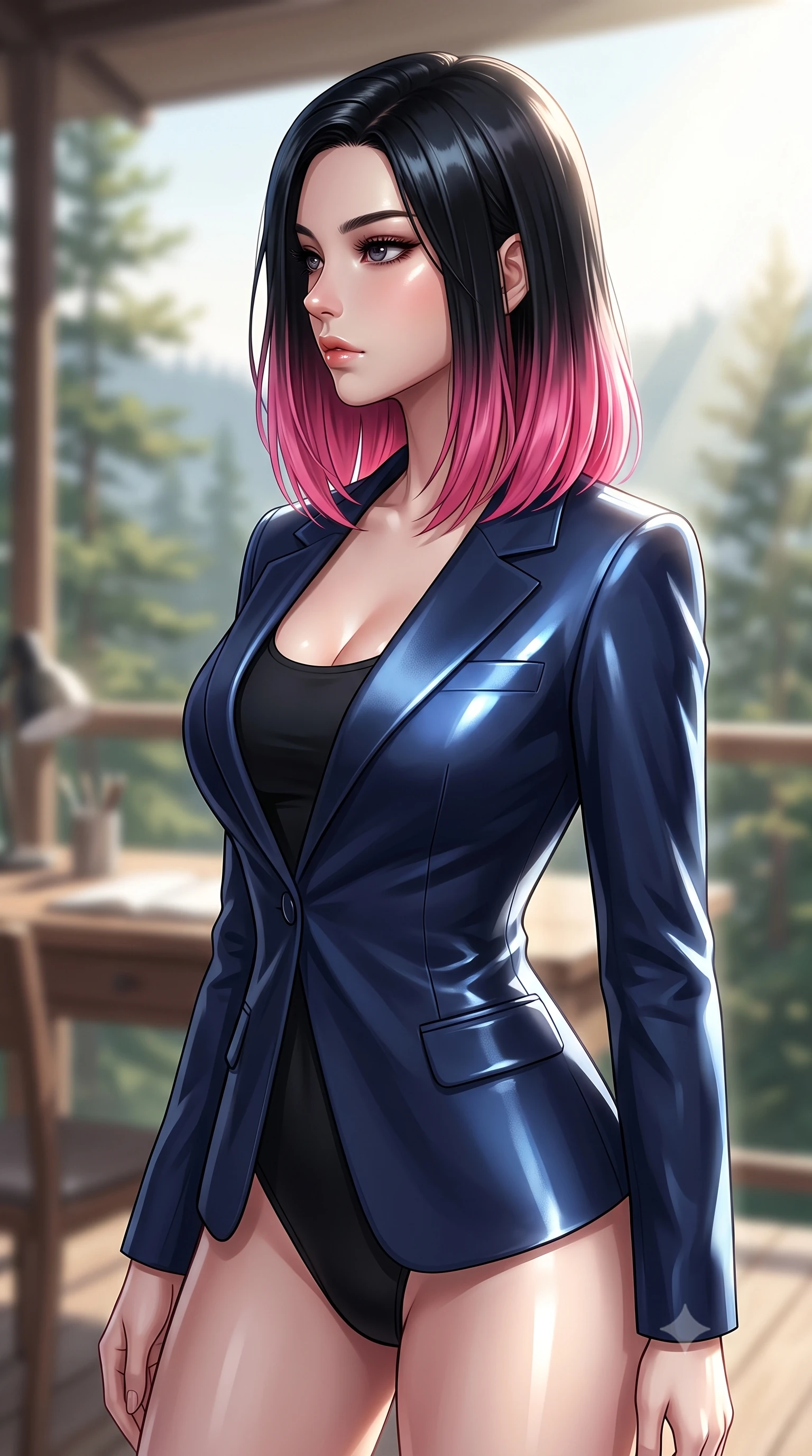 score_9, masterpiece, best quality, ultra-detailed, high-budget anime keyframe, editorial fashion photography, tasteful artistic composition, Korean woman. close-up cowboy shot from the waist and thighs up, the character dominates the composition, filling the frame with her large presence, background elements kept in soft focus. turning her face in sharp profile, casting a cold, mysterious, yet intensely alluring side gaze, the background shows a soft-focus a quiet writing desk on a glamping veranda facing a pine-covered valley. She has an exceptionally elegant, slender, and willowy female figure with an ultra-slim waist, a gracefully sculpted slender torso, and a refined silhouette. sharp v-shaped jawline, high-bridge nose, intricate jewel-like eyes with depth, thick eyelashes, glossy lips with a natural sheen. wearing a form-contouring sleek tailored blazer in navy blue worn closed over a tight-fitting black bodysuit. bright morning sun rays creating fresh and energetic shadows. ultra-reflective glossy finish, specular highlights, metallic sheen, high-contrast stereoscopic depth, volumetric dynamic lighting, 2k, ultra detail, master piece, 9:16 ratio