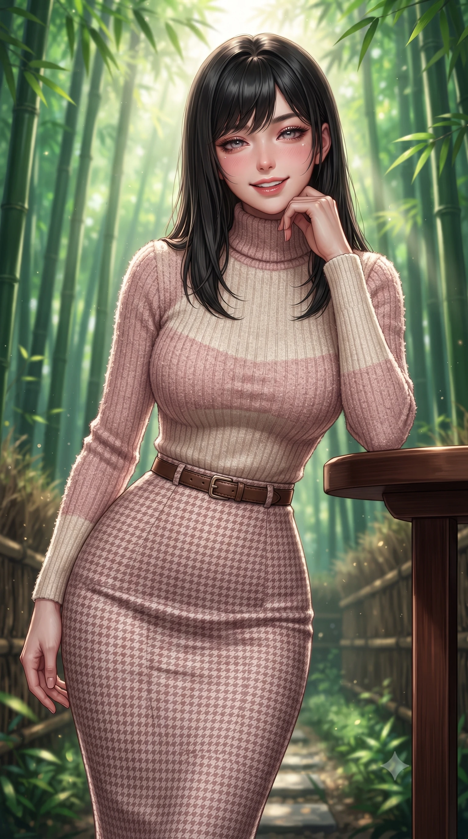 score_9, masterpiece, best quality, ultra-detailed, high-budget anime keyframe, editorial fashion photography, tasteful artistic composition, Caucasian woman. close-up cowboy shot from the waist and thighs up, the character dominates the composition, filling the frame with her large presence. resting one elbow on the table and supporting her chin, leaning close to the camera with heavy-lidded sparkling eyes and parted lips while walking slowly beneath the towering bamboo canopy, listening to the gentle rustling leaves with peaceful aristocratic grace. The background shows a soft-focus soaring green bamboo culms stretching toward the canopy, filtered sunbeams (komorebi), and woven bamboo fences blurred into emerald, chartreuse, and jade bokeh. She has an exceptionally elegant, slender, and willowy female figure with an ultra-slim waist, flat toned midriff, narrow ribcage, and sculpted feminine hips creating an alluring, slim hourglass silhouette without bulk. sharp v-shaped jawline, high-bridge nose, intricate jewel-like sparkling eyes with depth, thick eyelashes, glossy parted lips with a natural peach sheen, bright cheerful beaming smile with an enchanting and coquettish sensual glint, exuding both youthful cute charm and seductive allure, flawlessly proportioned anatomical accuracy, strict slender model proportions, natural body alignment, perfectly sculpted long slender limbs, ultra-slim waistline, clean dynamic posture without body distortion. wearing a body-hugging fine-knit merino turtleneck tucked seamlessly into a high-waisted tailored houndstooth pencil midi skirt in Parisian pastel rose bouclé and cream pearl, tailored from form-contouring ribbed merino wool hugging her torso like a second skin, finished with a slim equestrian bridle-leather belt cinched tightly at the narrowest point of her waist, the liquid-tight tailored fabric clinging flawlessly to her narrow waist and rounded feminine hips, emphasizing every millimeter of her sculpted slim hourglass curves without any bulky heaviness. bathed in ethereal shafts of morning sunlight (komorebi) piercing through dense emerald bamboo canopies. ultra-reflective glossy finish, specular highlights, rich textural contrasts, high-contrast stereoscopic depth, volumetric dynamic lighting, 2k, ultra detail, master piece, 9:16 ratio