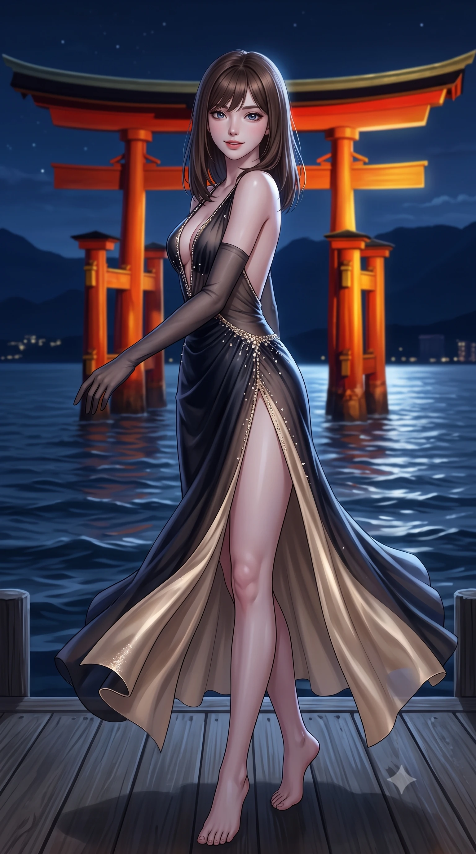 score_9, masterpiece, best quality, ultra-detailed, high-budget anime keyframe, semi-realistic 3D game render, editorial fashion photography, tasteful artistic composition, Korean woman. low angle full-body shot from head to toe showing her feet, filling the entire 9:16 vertical frame with her statuesque presence, stretching her vertical silhouette. executing a slow, graceful pivot turn as her skirt sways around her slender legs, glancing back with an enchanting, teasing sensual expression while standing poised on the private wooden pier extending into the Seto Inland Sea, arching her back with queenly grace as the monumental scarlet Torii gate stands bathed in moonlight. The background shows a soft-focus gentle nocturnal tide ripples softened in historic island shrine shallow focus. She has an exceptionally tall and slender model-like 8.5-heads proportion, an ultra-slim waist, a flat toned midriff, narrow delicate ribcage, and beautifully sculpted feminine hips creating a graceful, slim hourglass silhouette without any bulky heaviness, with impossibly long slender legs. sharp v-shaped jawline, high-bridge nose, intricate jewel-like sparkling eyes with depth, thick eyelashes, glossy parted lips with a natural peach sheen, bright cheerful beaming smile with an enchanting and coquettish sensual glint, exuding both youthful cute charm and seductive allure, flawlessly proportioned anatomical accuracy, strict slender model proportions, natural body alignment, perfectly sculpted long slender limbs, ultra-slim waistline, clean dynamic posture without body distortion. wearing a plunge-front sheer mesh cocktail gown with delicate crystal beading and an ultra-daring hip-high leg slit in deep midnight obsidian black and liquid champagne gold, crafted from fluid liquid silk satin that clings smoothly to her narrow waist and rounded hips with a dewy sheen, complemented by sheer opera-length evening gloves tracing her slender arms, the second-skin tailored fabric adhering flawlessly to her sculpted flat midriff and slender torso, emphasizing her long leg lines and perfectly proportioned willowy build. bathed in the golden-and-vermilion architectural floodlights of the Torii gate mixed with cool silver moonlit sea fill. highly saturated vibrant anime colors, detailed shading with soft gradients, rich glossy textures, high-contrast stereoscopic depth, volumetric dynamic lighting, master piece, 9:16 ratio