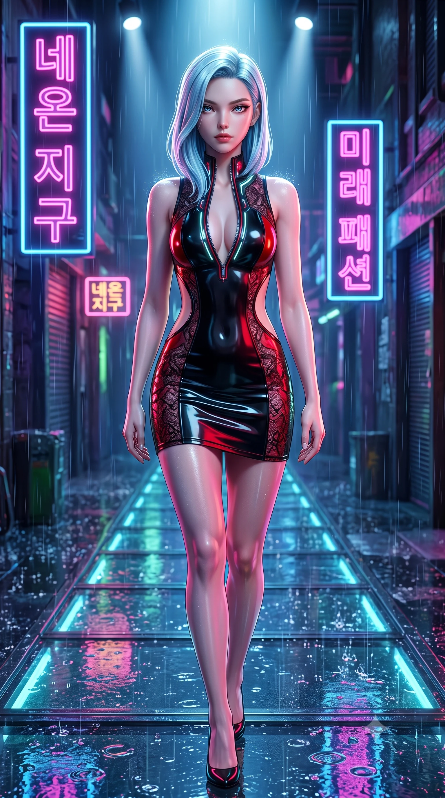 score_9, masterpiece, best quality, ultra-detailed, high-budget anime keyframe, semi-realistic 3D game render, editorial fashion photography, tasteful artistic composition, Korean woman. close-up cowboy shot from the waist and thighs up, the character dominates the composition, filling the frame with her large presence. gazing directly into the lens with bedroom eyes and a breathtaking, dangerous allure that commands the entire composition while striding commanding down a glossy wet glass runway in a rain-drenched cyberpunk alley. The surrounding environment is rendered in vivid detail and crisp panoramic clarity. crisp rain droplet splashes, sharp neon sign typography, and wet reflective glass runway textures in deep focus. She has an exceptionally elegant, slender, and willowy female figure with an ultra-slim waist, a gracefully sculpted slender torso, and a refined silhouette. sharp v-shaped jawline, high-bridge nose, intricate jewel-like eyes with depth, thick eyelashes, glossy lips with a natural sheen, flawlessly proportioned anatomical accuracy, natural body alignment, perfectly sculpted elegant limbs, clean dynamic posture without body distortion. wearing a second-skin fashion-latex mini dress with a clean architectural front, featuring an open-back design that wraps around the sides of her waist, showcasing her slender silhouette in glossy obsidian black and radiant crimson red, crafted from delicate dark lace interwoven with luminescent micro-fibers, featuring a dangerously unzipped neckline framed by glowing cybernetic accents, the sleek aerodynamic cut emphasizing her magnetic presence and alluring physical grace. bathed in multi-colored neon reflections from wet surfaces and sharp overhead spotlights. highly saturated vibrant anime colors, detailed shading with soft gradients, rich glossy textures, high-contrast stereoscopic depth, volumetric dynamic lighting, master piece, 9:16 ratio