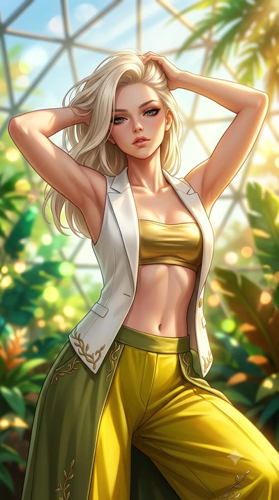 score_9, masterpiece, best quality, ultra-detailed, high-budget anime keyframe, semi-realistic 3D game render, editorial fashion photography, tasteful artistic composition, Caucasian woman. close-up cowboy shot from the waist and thighs up, the chara