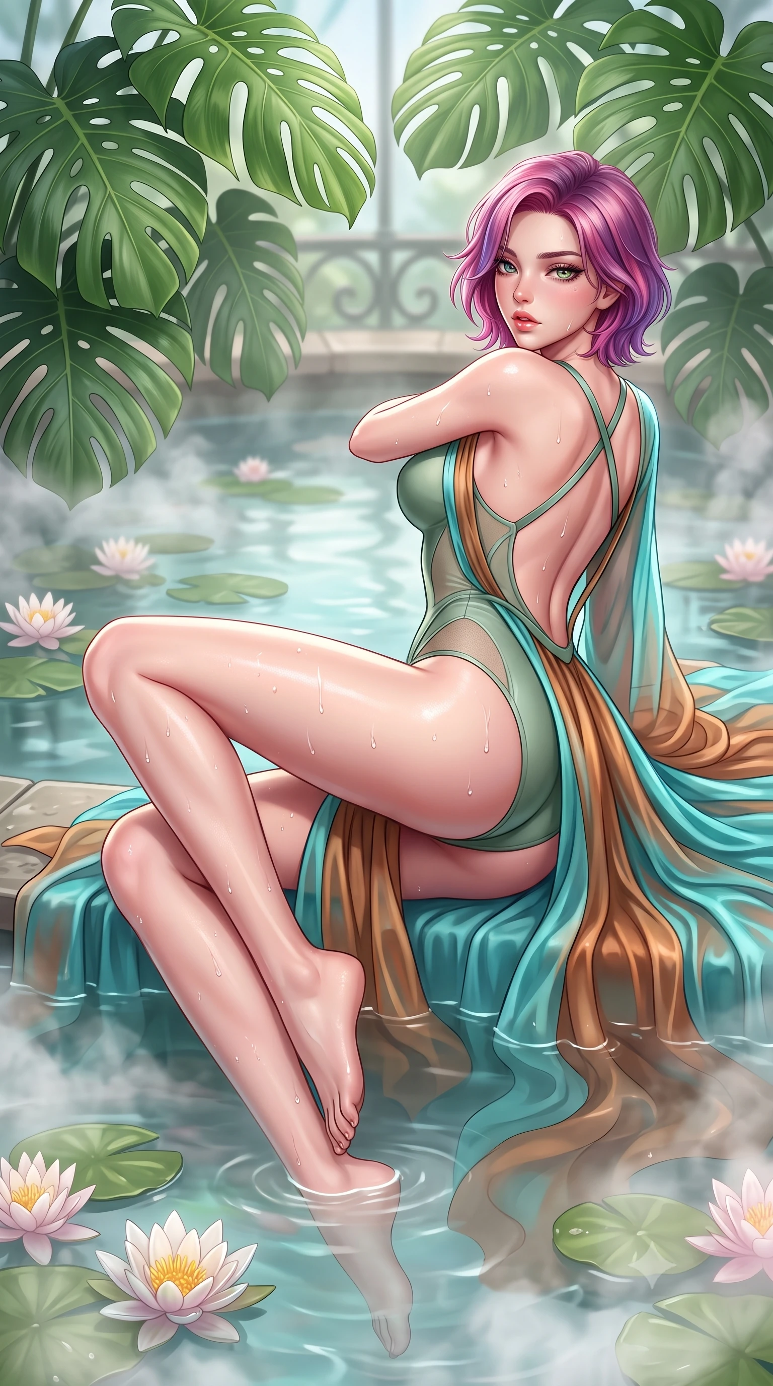 score_9, masterpiece, best quality, ultra-detailed, high-budget anime keyframe, semi-realistic 3D game render, editorial fashion photography, tasteful artistic composition, Caucasian woman. low angle full-body shot from head to toe showing her feet, filling the entire 9:16 vertical frame with her statuesque presence, stretching her vertical silhouette. reclining on her side in an elegant Cleopatra pose with one knee drawn up, the dramatic contour of her rounded hips and long slender legs commanding the 9:16 vertical frame while wading lightly into the shallow warm botanical pool beneath towering monstera fronds, arching her spine in pure pleasure as water droplets bead on her hips. The composition keeps background elements in soft focus with creamy bokeh. steaming pool water vapors and curved Victorian iron ribs softened in dreamy shallow focus. She has an absolutely perfect, statuesque 8.5-heads proportion, an exceptionally tall and slender model-like female figure with impossibly long slender legs, a toned flat midriff, an ultra-slim waist, and beautifully sculpted feminine hips. sharp v-shaped jawline, high-bridge nose, intricate jewel-like eyes with depth, thick eyelashes, glossy parted lips with a natural sheen, intensely captivating and seductive bedroom-eyes expression, flawlessly proportioned anatomical accuracy, strict slender model proportions, natural body alignment, perfectly sculpted long slender limbs, ultra-slim waistline, clean dynamic posture without body distortion. wearing a second-skin sage-green compression bodysuit with sheer mesh side contours and an airy resort robe in aquatic turquoise and molten bronze, woven from sheer cascading chiffon that ripples like water with every step, finished with criss-cross back straps highlighting her graceful bare spine, the dramatically scooped open back descending to the base of her spine, accentuating her razor-sharp statuesque lines and curvy hourglass silhouette. surrounded by an otherworldly, sensual, and exquisitely pure water-lily nymph aura. highly saturated vibrant anime colors, detailed shading with soft gradients, rich glossy textures, high-contrast stereoscopic depth, volumetric dynamic lighting, master piece, 9:16 ratio
