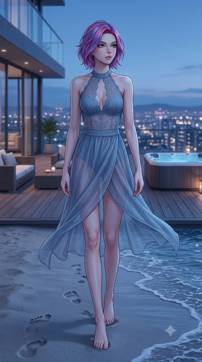 score_9, masterpiece, best quality, ultra-detailed, high-budget anime keyframe, editorial fashion photography, tasteful artistic composition, Caucasian woman woman. low angle full-body shot from head to toe showing her feet, filling the entire 9:16 v
