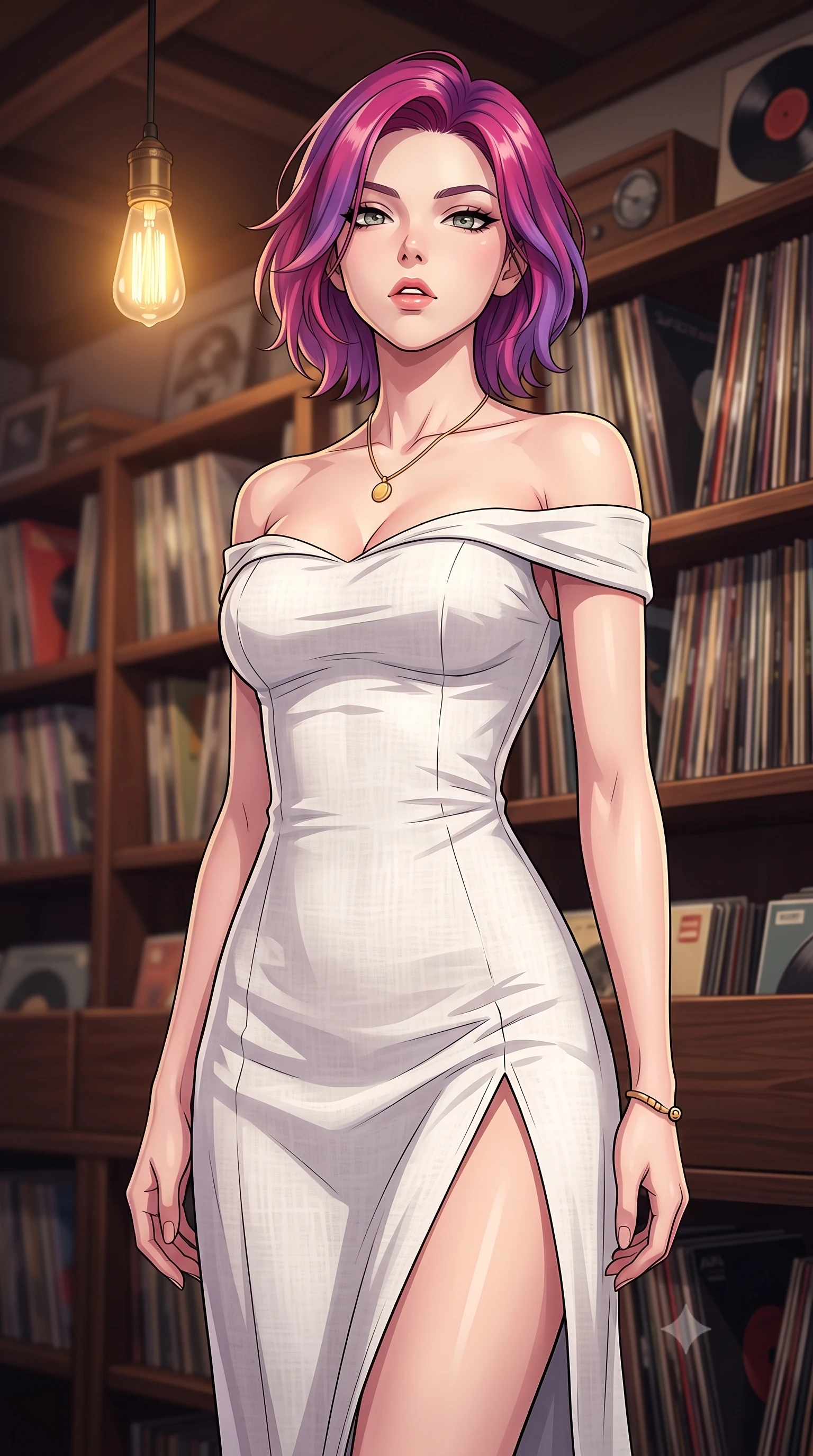 score_9, masterpiece, best quality, ultra-detailed, high-budget anime keyframe, tasteful artistic composition, Caucasian woman. close-up cowboy shot from the waist and thighs up, the character dominates the composition, filling the frame with her large presence, background elements kept in soft focus. tilting her chin up slightly with lips parted in a composed, provocative expression the background shows a soft-focus a private retro LP listening room with dark walnut wood shelves filled with vinyl records. She has an exceptionally elegant, slender, and willowy female figure with an ultra-slim waist, a gracefully sculpted slender torso, and a refined silhouette. sharp v-shaped jawline, high-bridge nose, intricate jewel-like eyes with depth, thick eyelashes, glossy lips with a natural sheen. wearing a tailored off-shoulder white linen summer dress featuring a high side slit ascending to mid-thigh. warm golden light from a single retro bulb casting cozy, soft shadows. highly saturated vibrant anime colors, cel-shading, 2d style, master piece, 9:16 ratio