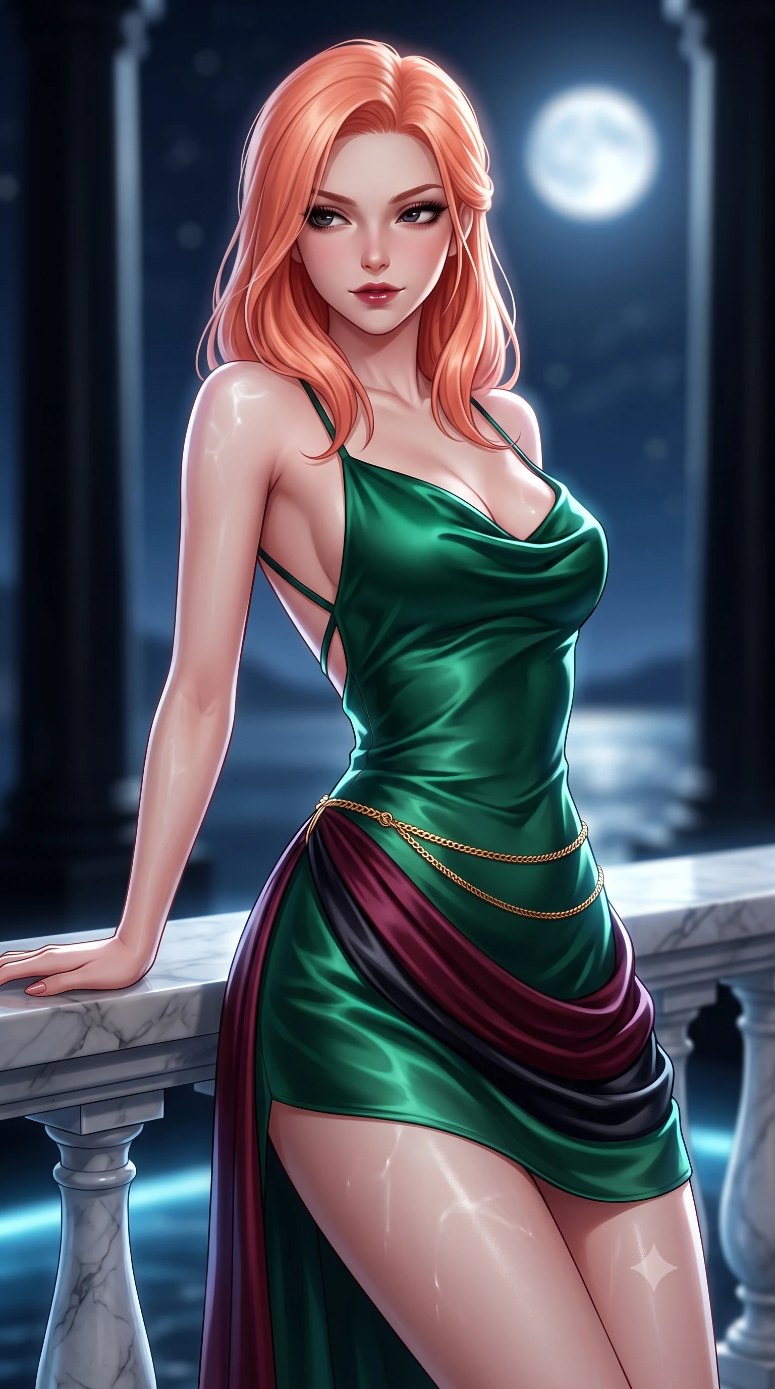 score_9, masterpiece, best quality, ultra-detailed, high-budget anime keyframe, semi-realistic 3D game render, editorial fashion photography, tasteful artistic composition, Japanese woman. close-up cowboy shot from the waist and thighs up, the character dominates the composition, filling the frame with her large presence. resting one elbow on the marble balustrade while arching her spine with dancer poise, her dark bedroom-eyes casting a magnetic sidelong glance while twisting her slender torso in an alluring S-curve, water caustics and moonlight playing across her narrow waist and rounded feminine hips. The composition keeps background elements in soft focus with dreamy creamy bokeh. soaring minimalist black basalt columns and distant open midnight sky with bright full moon blurred into cold platinum, silver, and obsidian bokeh. She has an exceptionally elegant, slender, and willowy female figure with an ultra-slim waist, flat toned midriff, narrow ribcage, and sculpted feminine hips creating an alluring, slim hourglass silhouette without bulk. sharp v-shaped jawline, high-bridge nose, intricate jewel-like dark sparkling eyes with dangerous depth, thick curled eyelashes, glossy parted lips with a rich wine sheen, smoldering seductive half-smile with bedroom-eyes, exuding effortless superiority and intoxicating dark allure, flawlessly proportioned anatomical accuracy, strict slender model proportions, natural body alignment, perfectly sculpted long slender limbs, ultra-slim waistline, clean dynamic posture without body distortion. wearing a cowl-neck emerald green silk satin slip dress with criss-cross back straps and hip-accentuating drape in deep wine burgundy and lustrous obsidian, crafted from heavy fluid silk satin with a liquid mirror-like drape, finished with a delicate gold snake chain belt resting loosely across her curvy hips, the high-waisted tailoring accentuating her ultra-slim waistline and the enchanting curve of her feminine hips with alluring dark charm. illuminated by subtle underwater fiber-optic perimeter lights and crisp platinum rim lighting sharply carving her slim torso, narrow waist, and curvy hips. highly saturated vibrant anime colors, detailed shading with soft gradients, rich glossy textures, high-contrast stereoscopic depth, volumetric dynamic lighting, master piece, 9:16 ratio