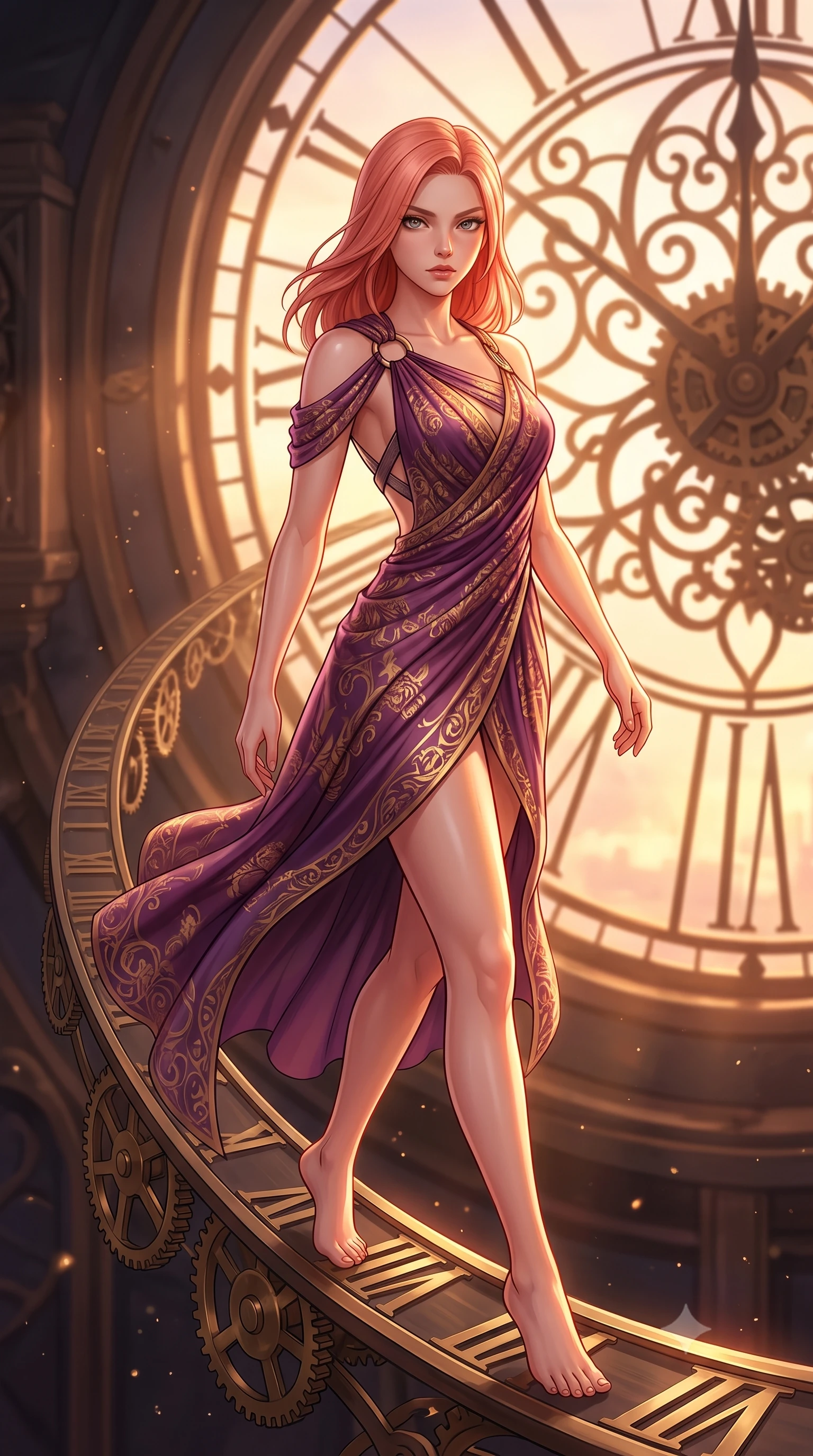 score_9, masterpiece, best quality, ultra-detailed, high-budget anime keyframe, editorial fashion photography, tasteful artistic composition, Japanese woman. close-up cowboy shot from the waist and thighs up, the character dominates the composition, filling the frame with her large presence, background elements kept in soft focus. Gazing past the lens with composed intensity as her torso curves dynamically in mid-motion while stepping along a curved clockwork pendulum arm under a dramatic twilight sky, dramatic twilight amber light streaming through a massive clock tower window. She has an exceptionally elegant, slender, and willowy female figure with an ultra-slim waist, a gracefully sculpted slender torso, and a refined silhouette. sharp v-shaped jawline, high-bridge nose, intricate jewel-like eyes with depth, thick eyelashes, glossy lips with a natural sheen, flawlessly proportioned anatomical accuracy, natural body alignment, perfectly sculpted elegant limbs, clean dynamic posture without body distortion. wearing an asymmetrical Grecian draped chiffon gown with a metallic shoulder ring in plum purple and gold filigree, crafted from smooth liquid silk, complemented by criss-cross back straps highlighting her bare shoulders, the sleek second-skin texture accentuating her magnetic presence. illuminated by a brilliant golden hour glow filtering through clockwork dials. highly saturated vibrant anime colors, detailed shading with soft gradients, rich glossy textures, high-contrast stereoscopic depth, volumetric dynamic lighting, master piece, 9:16 ratio