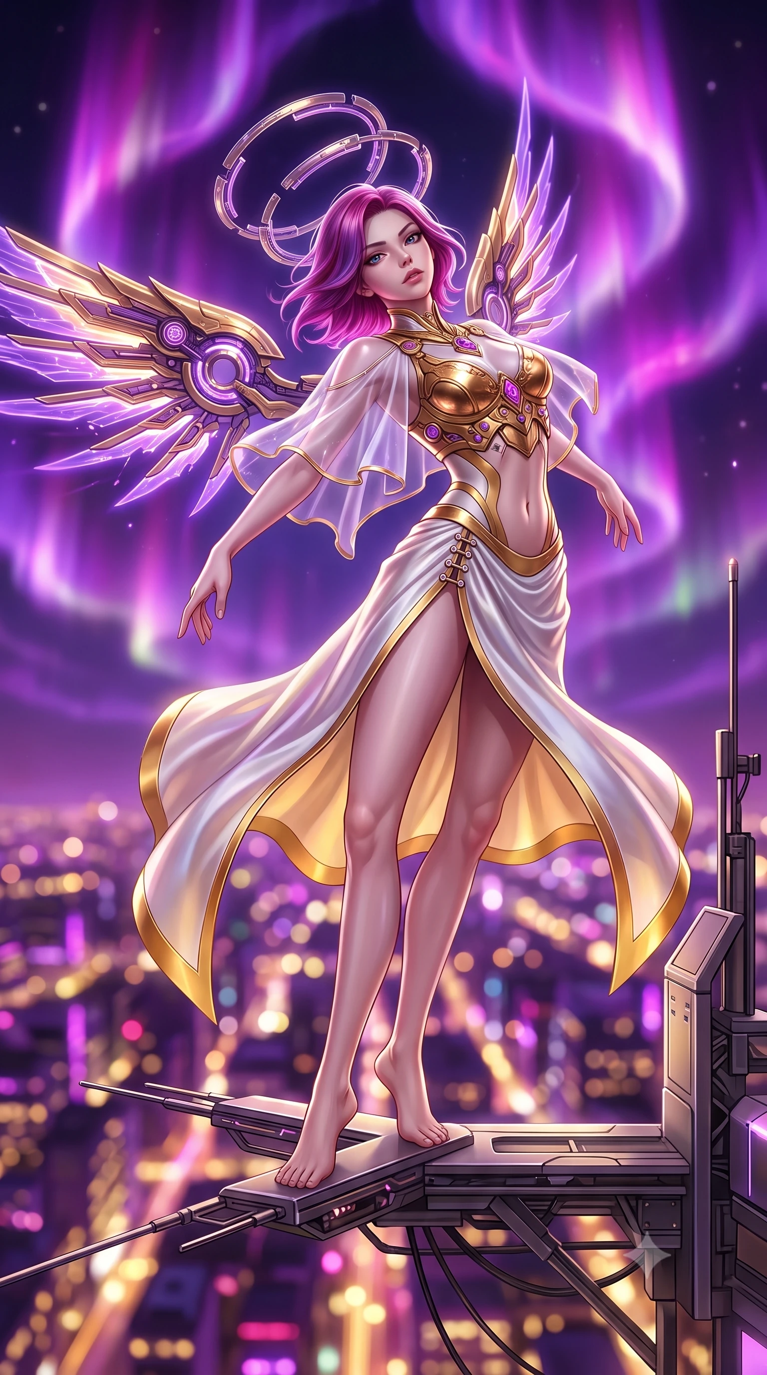 score_9, masterpiece, best quality, ultra-detailed, high-budget anime keyframe, semi-realistic 3D game render, editorial fashion photography, tasteful artistic composition, Caucasian woman. low angle full-body shot from head to toe showing her feet, filling the entire 9:16 vertical frame with her statuesque presence, stretching her vertical silhouette. arching her back gracefully in mid-air as glowing mechanical wings and floating cybernetic halos frame her statuesque presence while pivoting dynamically on a cantilevered antenna platform as swirling violet and magenta plasma auroras electrify the night sky. The composition keeps background elements in soft focus with creamy bokeh. swirling violet plasma aurora ribbons and glowing city grid lights blurred into rich purple, magenta, and gold bokeh. She has an absolutely perfect, statuesque 8.5-heads proportion, an exceptionally tall and slender model-like female figure with impossibly long slender legs, a toned flat midriff, and an ultra-slim waist. sharp v-shaped jawline, high-bridge nose, intricate jewel-like eyes with depth, thick eyelashes, glossy lips with a natural sheen, flawlessly proportioned anatomical accuracy, strict slender model proportions, natural body alignment, perfectly sculpted long slender limbs, ultra-slim waistline, clean dynamic posture without body distortion. wearing an ethereal translucent cyber-veil paired with a sculpted golden mechanical cuirass and high-fashion draped silk skirt in pristine liquid pearl white and radiant solar gold trim, crafted from delicate iridescent organza interwoven with luminescent micro-fibers, finished with an ultra-high side slit secured by miniature magnetic clasps, the sleek second-skin cut tightly hugging her graceful clavicle, narrow waist, and feminine curves with athletic precision. bathed in vivid violet and electric magenta plasma aurora backlighting with golden city ground bounce. rich saturated anime colors with glowing neon highlights, detailed shading with soft gradients, rich glossy textures, high-contrast stereoscopic depth, volumetric dynamic lighting, master piece, 9:16 ratio