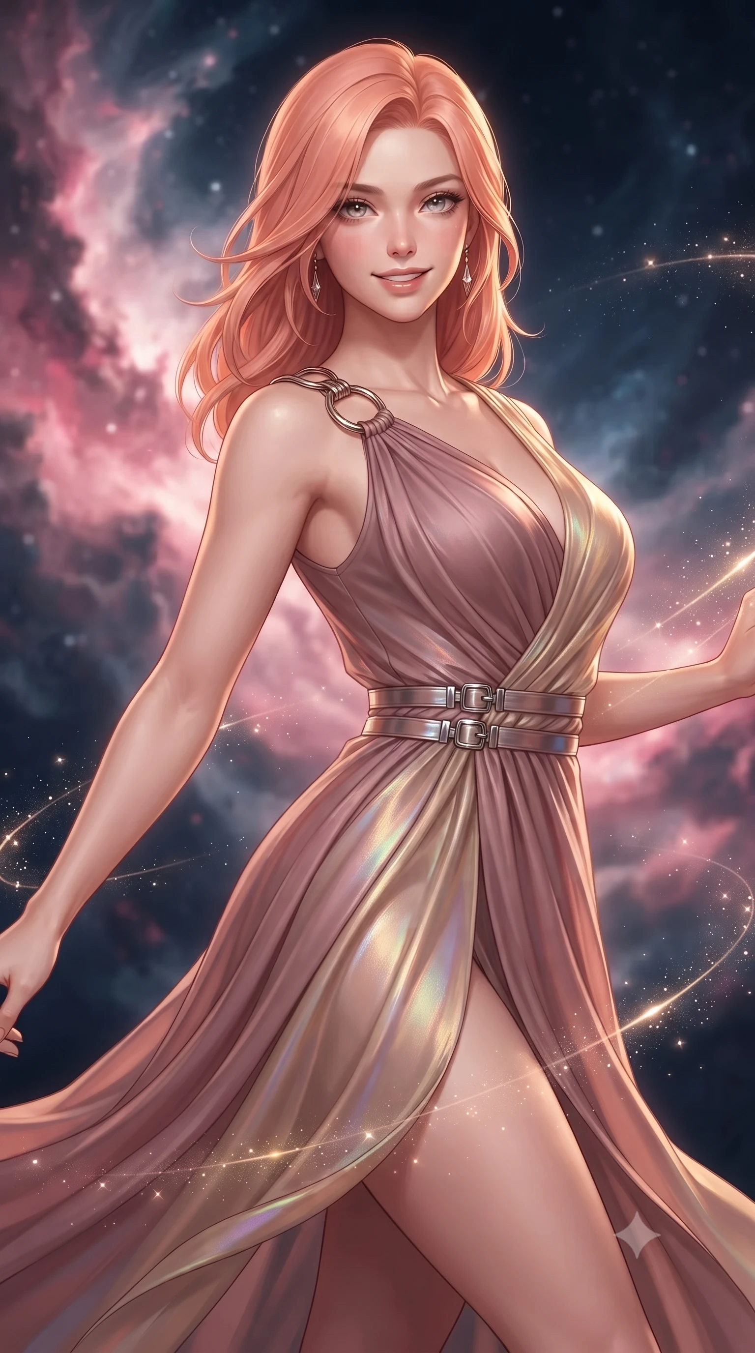 score_9, masterpiece, best quality, ultra-detailed, high-budget anime keyframe, editorial fashion photography, tasteful artistic composition, Japanese woman. close-up cowboy shot from the waist and thighs up, the character dominates the composition, filling the frame with her large presence, background elements kept in soft focus. Extending one arm in an elegant stretch toward the light while smiling with magnetic self-assurance while pivoting her body in a dynamic S-curve as cosmic nebula clouds swirl around her, floating starlight dust drifting around her in dynamic orbital paths. She has an exceptionally elegant, slender, and willowy female figure with an ultra-slim waist, a gracefully sculpted slender torso, and a refined silhouette. sharp v-shaped jawline, high-bridge nose, intricate jewel-like eyes with depth, thick eyelashes, glossy lips with a natural sheen, flawlessly proportioned anatomical accuracy, natural body alignment, perfectly sculpted elegant limbs, clean dynamic posture without body distortion. wearing an asymmetrical Grecian draped chiffon gown with a metallic shoulder ring in dusty rose and champagne gold, crafted from iridescent chiffon that shifts colors in the light, detailed with polished silver buckles along the waistline, the form-contouring material highlighting her ultra-slim waist and long lines. bathed in dramatic cosmic pink and navy nebula backlighting with gold key light. ultra-reflective glossy finish, specular highlights, metallic sheen, high-contrast stereoscopic depth, volumetric dynamic lighting, 2k, ultra detail, master piece, 9:16 ratio