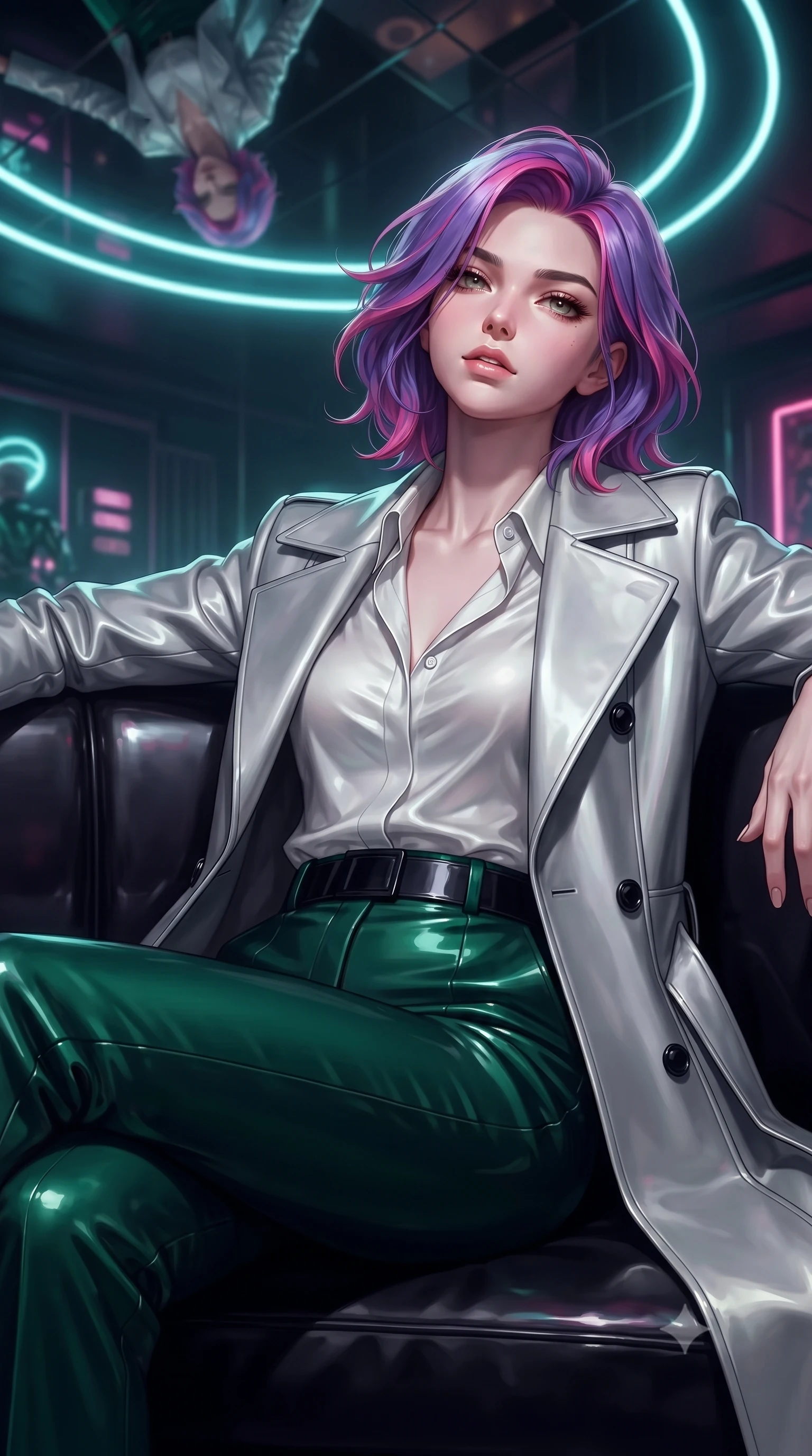 score_9, masterpiece, best quality, ultra-detailed, high-budget anime keyframe, editorial fashion photography, tasteful artistic composition, Caucasian woman. close-up cowboy shot from the waist and thighs up, the character dominates the composition, filling the frame with her large presence, background elements kept in soft focus. Tilting her chin up slightly with lips parted in a composed, magnetic expression, lounging on a dark vinyl couch in a private retro-futuristic lounge at 2 AM, mirror ceiling reflecting her statuesque figure and neon arcs in high resolution. She has an exceptionally elegant, slender, and willowy female figure with an ultra-slim waist, a gracefully sculpted slender torso, and a refined silhouette. sharp v-shaped jawline, high-bridge nose, intricate jewel-like eyes with depth, thick eyelashes, glossy lips with a natural sheen. wearing structured platinum leather long coat over white silk blouse and tailored slacks in deep emerald green, made of high-gloss liquid vinyl, adorned with minimalist black onyx hardware framing the silhouette, accentuating her gracefully sculpted slender torso. surrounded by a moody neon glow with sharp edge highlights on dark vinyl. ultra-reflective glossy finish, specular highlights, metallic sheen, high-contrast stereoscopic depth, volumetric dynamic lighting, 2k, ultra detail, master piece, 9:16 ratio