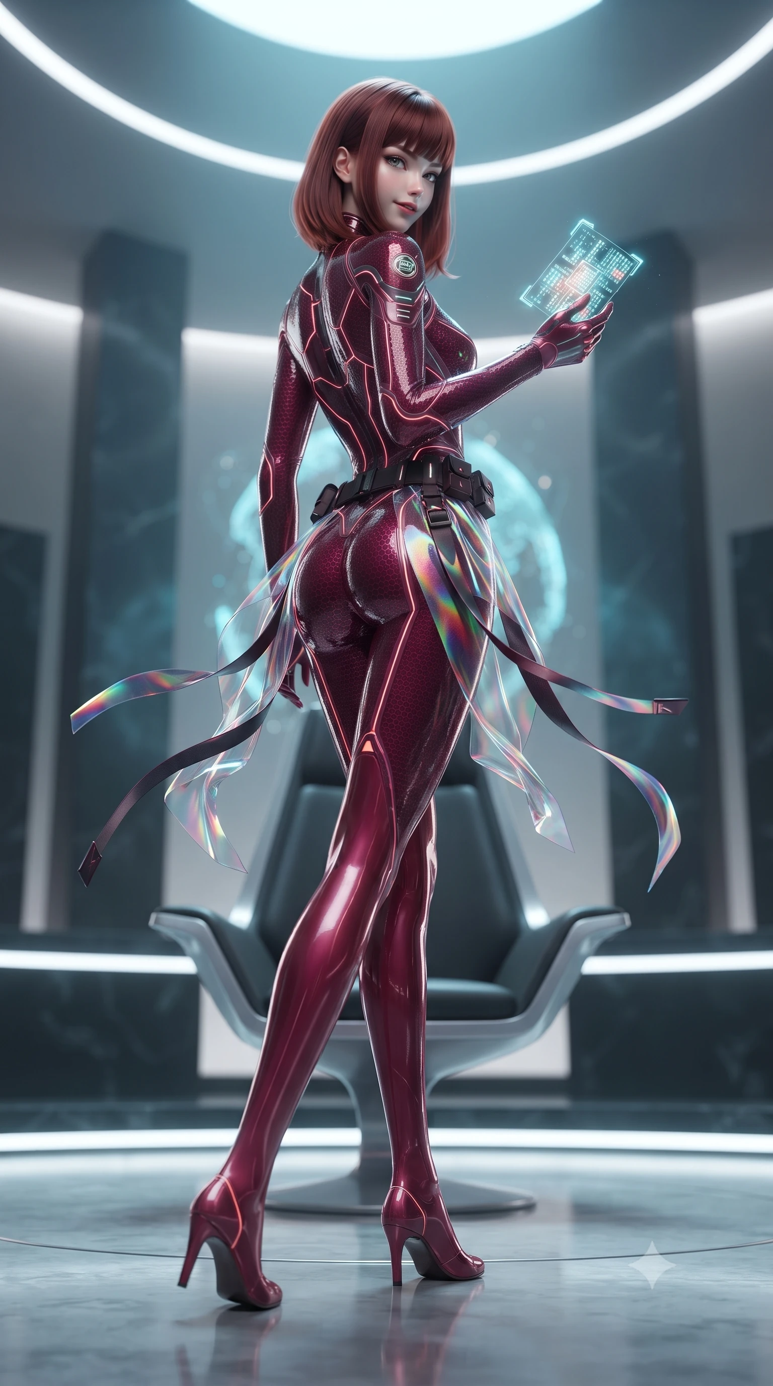 score_9, masterpiece, best quality, ultra-detailed, high-budget anime keyframe, editorial fashion photography, tasteful artistic composition, Caucasian woman. low angle full-body shot from head to toe showing her feet, filling the entire 9:16 vertical frame with her statuesque presence, stretching her vertical silhouette. executing a cheerful mid-motion pivot turn as her tactical belt and ribbons flutter around her slender legs, glancing over her shoulder with an intoxicating, teasing bedroom-gaze while lounging in the high council chair with legs crossed, holding a glowing cryptographic key while flashing a subtle, dangerous smile. The background shows a soft-focus soaring minimalist black stone monoliths and recessed lighting strips softened in prestigious sci-fi senate shallow focus. She has an absolutely perfect, statuesque 8.5-heads proportion, an exceptionally tall and slender model-like female figure with impossibly long slender legs, an ultra-slim waist, a flat toned midriff, narrow delicate ribcage, and beautifully sculpted feminine hips creating a graceful, slim hourglass silhouette without any bulky heaviness. sharp v-shaped jawline, high-bridge nose, intricate jewel-like sparkling eyes with depth, thick eyelashes, glossy parted lips with a natural sheen, bright confident smile with an enchanting and coquettish sensual glint, exuding both youthful magnetic charm and sovereign high-tech allure, flawlessly proportioned anatomical accuracy, strict slender model proportions, natural body alignment, perfectly sculpted long slender limbs, ultra-slim waistline, clean dynamic posture without body distortion. wearing an aerodynamic second-skin combat bodysuit with hexagonal carbon weave and glowing circuit seam piping in deep wine crimson and dark carbon weave, woven from layered gossamer holographic organza casting chromatic prism reflections, finished with polished chrome buckle hardware and modular magnetic holster clasps, the liquid-tight tailored fabric clinging flawlessly to her narrow waist and rounded feminine hips, emphasizing every millimeter of her sculpted slim hourglass curves without any bulky heaviness. bathed in regal gold and cyan holographic light radiating from the floating globe matrix. ultra-reflective glossy finish, specular highlights, rich textural contrasts, high-contrast stereoscopic depth, volumetric dynamic lighting, 2k, ultra detail, master piece, 9:16 ratio