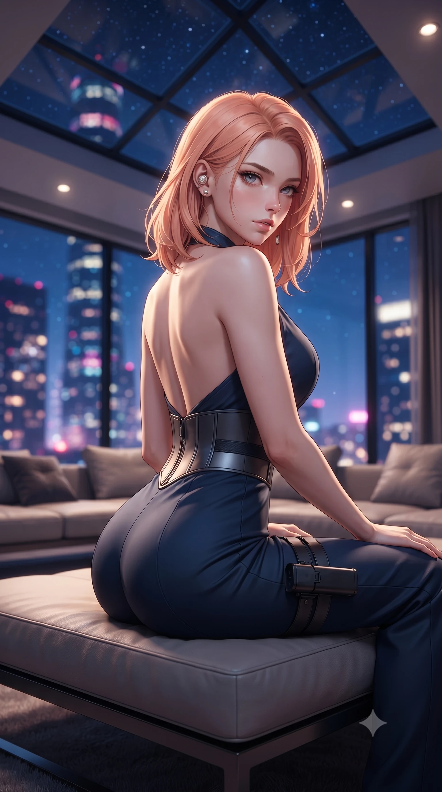 score_9, masterpiece, best quality, ultra-detailed, high-budget anime keyframe, editorial fashion photography, tasteful artistic composition, Japanese woman. close-up cowboy shot from the waist and thighs up, the character dominates the composition, filling the frame with her large presence. turning over her shoulder with an indomitable, smoldering gaze, her soft hair framing her razor-sharp v-shaped jawline while arching her spine in a relaxed yet alluring pose on a modern lounge daybed under starry penthouse skylights. The composition keeps background elements in soft focus with creamy bokeh. dazzling skyscraper metropolis light clusters and starry night skies blurred into deep sapphire, magenta, and gold bokeh. She has an exceptionally elegant, slender, and willowy female figure with an ultra-slim waist, a gracefully sculpted slender torso, toned flat midriff, and a refined slim silhouette. sharp v-shaped jawline, high-bridge nose, intricate jewel-like eyes with depth, thick eyelashes, glossy lips with a natural sheen, captivating and magnetic expression, flawlessly proportioned anatomical accuracy, strict slender model proportions, natural body alignment, perfectly sculpted long slender limbs, ultra-slim waistline, clean dynamic posture without body distortion. wearing a high-society undercover halter-neck jumpsuit with a tailored deep-V back and integrated tactical waist cincher in deep midnight blue and brushed gunmetal, tailored from fluid silk crepe with inner ballistic reinforcement, accessorized with a sleek concealed garter holster and pearl ear transmitter edition #28, the breezy yet form-flattering drape swaying gracefully with her steps, accentuating her long willowy limbs and slim waistline. illuminated by crisp directional edge lights sharply sculpting her slender waist and long slender legs. ultra-reflective glossy finish, specular highlights, rich textural contrasts, high-contrast stereoscopic depth, volumetric dynamic lighting, 2k, ultra detail, master piece, 9:16 ratio