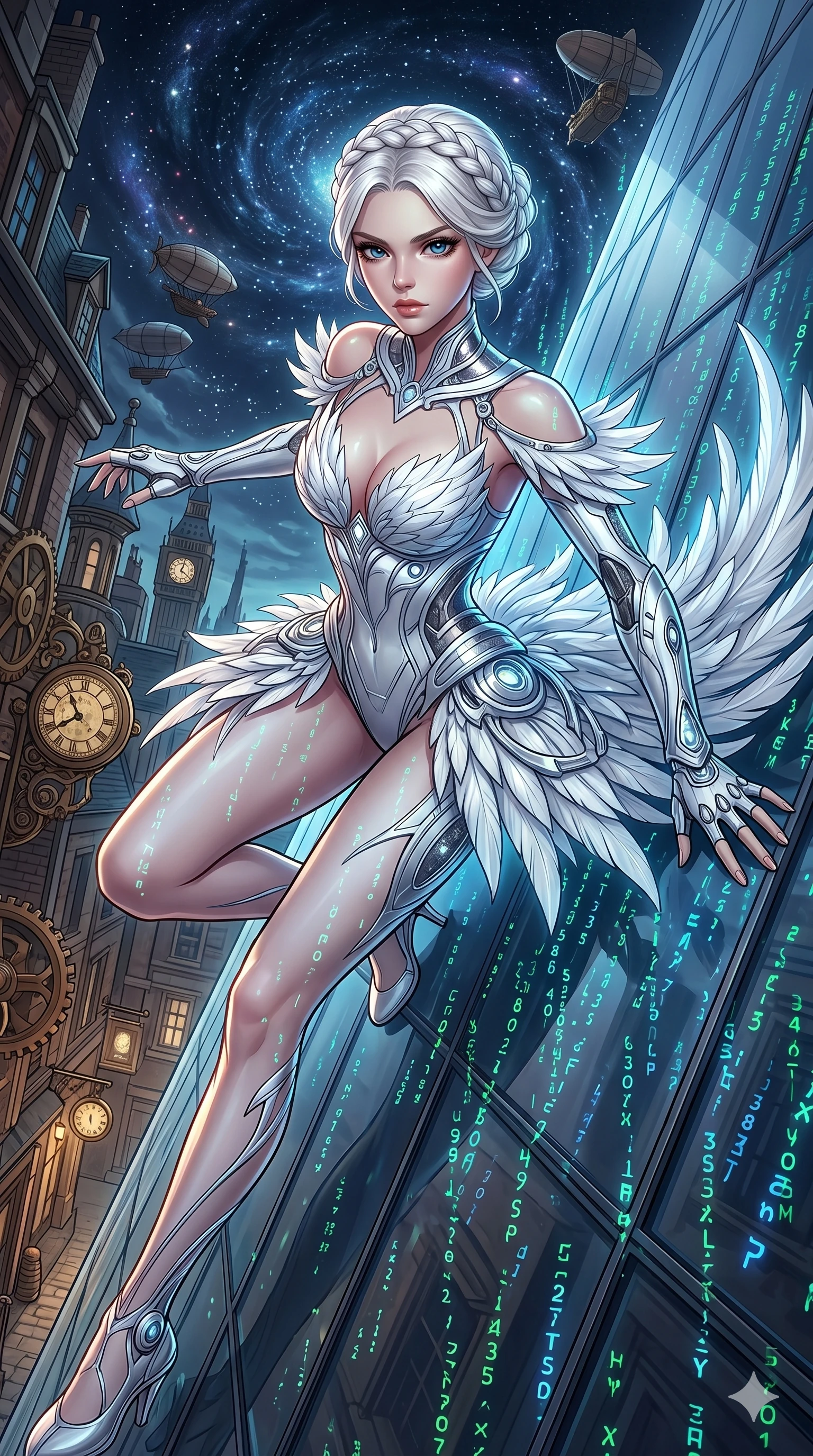 score_9, masterpiece, best quality, ultra-detailed, Set A: High-budget Anime Keyframe, Japanese woman. Upper body close-up from the thighs up, character filling the screen for maximum presence. Theme: Primal Nature. sliding down a glass skyscraper in a steampunk London alleyway, as a digital rain of 117 symbols washes over her. The atmosphere is filled with a swirling vortex of stars. She has an absolutely perfect 8-heads proportion, an exceptionally tall and slender female figure with impossibly long slender legs and an ultra-slim waist. Sharp v-shaped jawline, high-bridge nose, intricate jewel-like eyes with depth, glossy lips. Wearing Elegant swan-inspired tech-outfit with white feathers and glowing silver accents. Cinematic lighting, vivid colors, dramatic shadows, 2k, ultra detail, master piece, 9:16 ratio