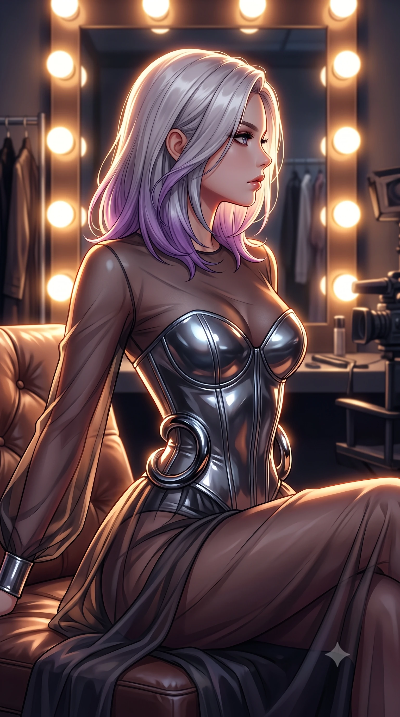 score_9, masterpiece, best quality, ultra-detailed, high-budget anime keyframe, editorial fashion photography, tasteful artistic composition, Caucasian woman. close-up cowboy shot from the waist and thighs up, the character dominates the composition, filling the frame with her large presence, background elements kept in soft focus. Turning her face in sharp dramatic profile against the key light, resting on a leather chaise in a secluded backstage fashion suite, warm round vanity light bulbs creating brilliant circular rim highlights. She has an exceptionally elegant, slender, and willowy female figure with an ultra-slim waist, a gracefully sculpted slender torso, and a refined silhouette. sharp v-shaped jawline, high-bridge nose, intricate jewel-like eyes with depth, thick eyelashes, glossy lips with a natural sheen. wearing semi-opaque sheer dark chiffon gown revealing structured corset silhouette in metallic dark silver, made of high-gloss liquid vinyl, accented with sculpted obsidian chrome rings at the waist, sculpting her athletic slender build with refined precision. illuminated by warm glowing vanity bulbs casting multi-directional rim lights. highly saturated vibrant anime colors, detailed shading with soft gradients, rich glossy textures, high-contrast stereoscopic depth, volumetric dynamic lighting, master piece, 9:16 ratio