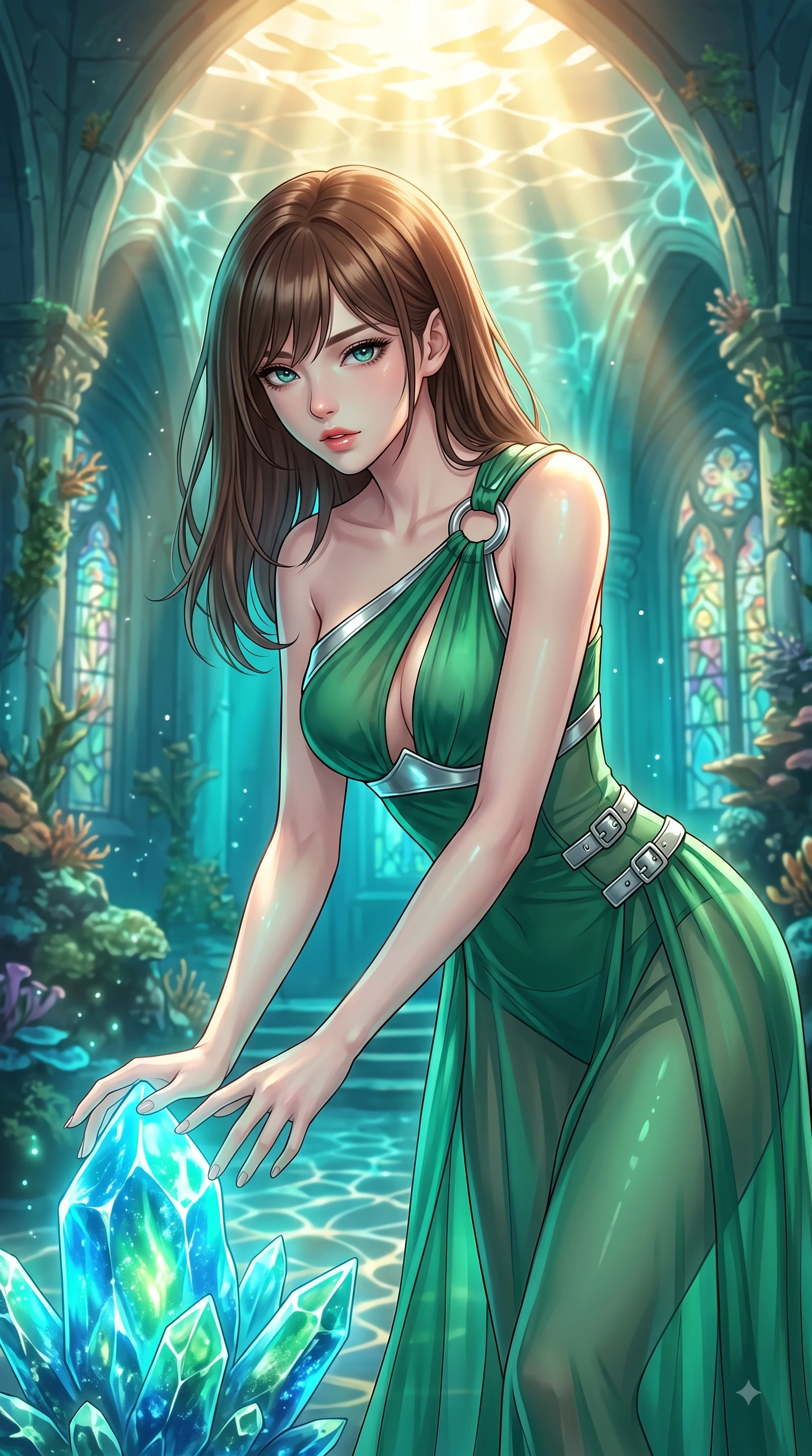 score_9, masterpiece, best quality, ultra-detailed, high-budget anime keyframe, editorial fashion photography, tasteful artistic composition, Korean woman. close-up cowboy shot from the waist and thighs up, the character dominates the composition, filling the frame with her large presence, background elements kept in soft focus. Leaning forward gracefully with lips parted, casting a smoldering magnetic gaze directly into the lens while touching a bioluminescent sea crystal in a sun-drenched underwater cathedral with effortless poise, golden sunbeams penetrating deep turquoise water creating caustic light ripples across her skin. She has an exceptionally elegant, slender, and willowy female figure with an ultra-slim waist, a gracefully sculpted slender torso, and a refined silhouette. sharp v-shaped jawline, high-bridge nose, intricate jewel-like eyes with depth, thick eyelashes, glossy lips with a natural sheen, flawlessly proportioned anatomical accuracy, natural body alignment, perfectly sculpted elegant limbs, clean dynamic posture without body distortion. wearing an asymmetrical Grecian draped chiffon gown with a metallic shoulder ring in deep emerald green and silver accent, woven from fine semi-opaque sheer organza, detailed with polished silver buckles along the waistline, the tailored fabric tightly following every curve of her athletic build. illuminated by luminous aqua bioluminescence and warm golden top lighting. highly saturated vibrant anime colors, detailed shading with soft gradients, rich glossy textures, high-contrast stereoscopic depth, volumetric dynamic lighting, master piece, 9:16 ratio
