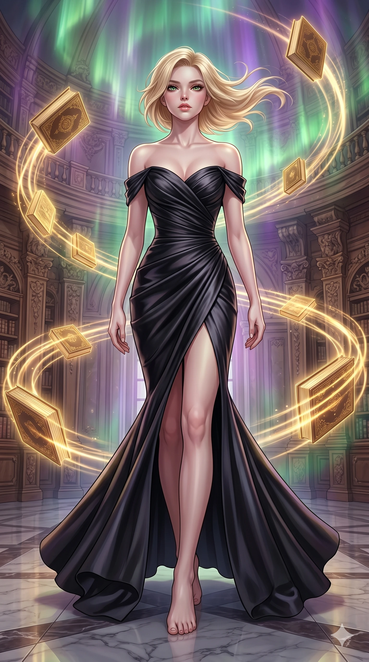 score_9, masterpiece, best quality, ultra-detailed, high-budget anime keyframe, editorial fashion photography, tasteful artistic composition, Caucasian woman, strictly human ears. low angle full-body shot from head to toe showing her feet, filling the entire 9:16 vertical frame with her statuesque presence, stretching her vertical silhouette. Walking in slow-motion with dramatic hair movement behind her amidst a baroque library where glowing golden books orbit in slow spiral patterns. She has an absolutely perfect 8-heads proportion, an exceptionally tall and slender female figure with impossibly long slender legs and an ultra-slim waist. V-shaped jawline, high-bridge nose, intricate jewel-like eyes with depth, thick eyelashes, glossy lips with a natural sheen. wearing an off-shoulder fitted mermaid gown in black pearl satin with sculptural ruched bodice, dramatic hip emphasis, and a fluted fishtail hem with a daring high front slit. illuminated by a shifting aurora palette of green, violet, and gold from above, wrapping her in color. 2k, ultra detail, master piece, 9:16 ratio