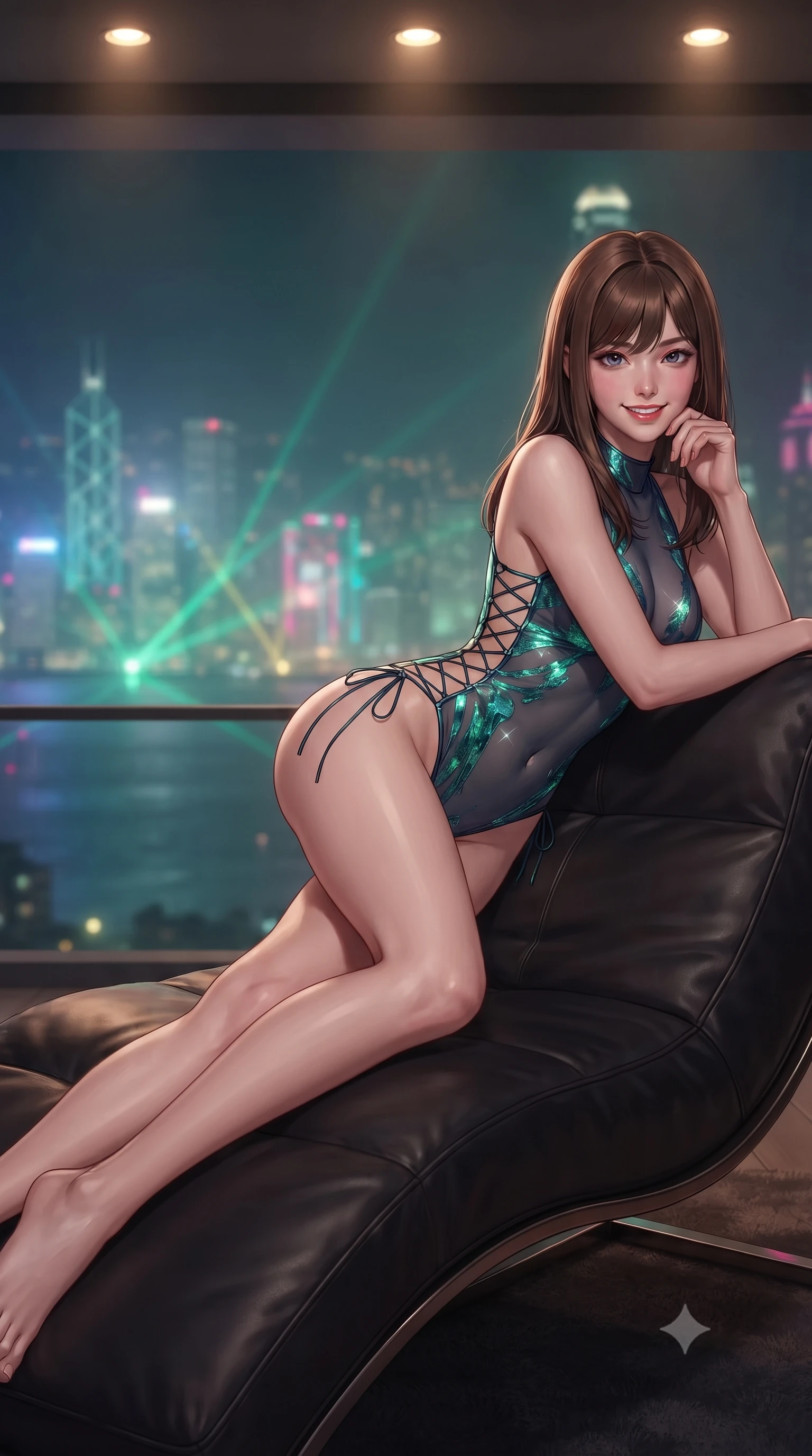 score_9, masterpiece, best quality, ultra-detailed, high-budget anime keyframe, editorial fashion photography, tasteful artistic composition, Korean woman. close-up cowboy shot from the waist and thighs up, the character dominates the composition, filling the frame with her large presence. leaning forward while arching her lower back to accentuate her curvy hips, looking into the camera with an intoxicating smoldering gaze and bedroom-eyes while lounging gracefully across the custom leather chaise propped on one elbow with legs extended, displaying her long slender limbs and statuesque hourglass silhouette against the misty neon harbor. The background shows a soft-focus infinite tapestry of neon skyscraper spires emerging from sea fog, laser light show beams across the harbor, blurred into emerald, rose, and gold bokeh. She has an exceptionally elegant, slender, and willowy female figure with an ultra-slim waist, flat toned midriff, narrow ribcage, and sculpted feminine hips creating an alluring, slim hourglass silhouette without bulk. sharp v-shaped jawline, high-bridge nose, intricate jewel-like sparkling eyes with depth, thick eyelashes, glossy parted lips with a natural peach sheen, bright cheerful beaming smile with an enchanting and coquettish sensual glint, exuding both youthful cute charm and seductive allure, flawlessly proportioned anatomical accuracy, strict slender model proportions, natural body alignment, perfectly sculpted long slender limbs, ultra-slim waistline, clean dynamic posture without body distortion. wearing a provocative sheer-illusion tactical combat bodysuit with strategic metallic foil flocking and high-cut leg openings in bioluminescent emerald and abyssal sapphire, crafted from translucent silk organza with an ethereal crystalline sheen, featuring fine criss-cross lace-up side ties revealing tantalizing glimpses of her hip curve, the second-skin tailored fabric adhering flawlessly to her sculpted flat midriff and slender torso, emphasizing her long leg lines and perfectly proportioned willowy build. bathed in warm 2700K recessed ceiling spotlights combined with the cool multi-colored nightscape radiance of the harbor. ultra-reflective glossy finish, specular highlights, rich textural contrasts, high-contrast stereoscopic depth, volumetric dynamic lighting, 2k, ultra detail, master piece, 9:16 ratio