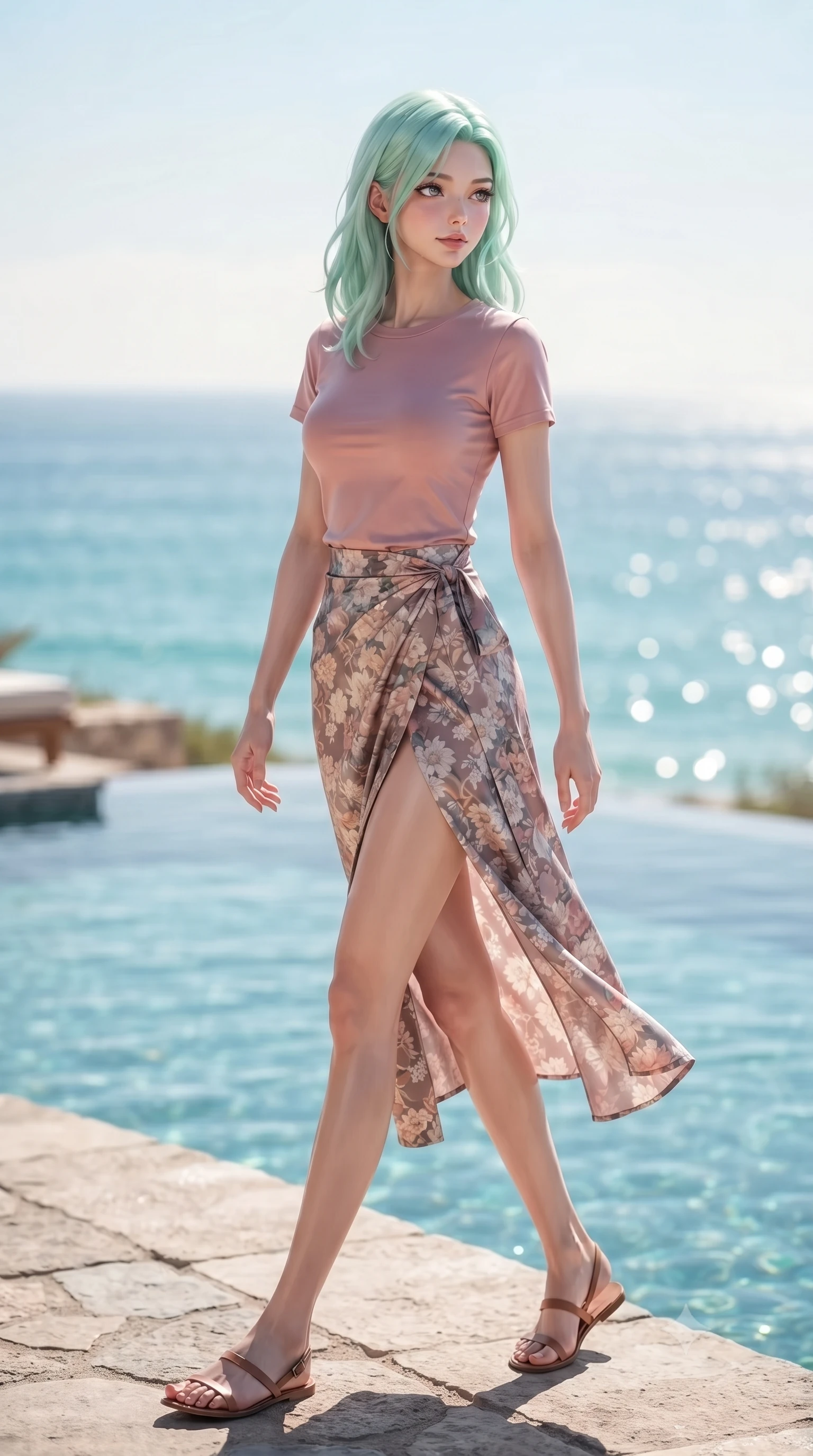 score_9, masterpiece, best quality, ultra-detailed, high-budget anime keyframe, editorial fashion photography, tasteful artistic composition, Japanese woman. low angle full-body shot from head to toe showing her feet, filling the entire 9:16 vertical frame with her statuesque presence, stretching her vertical silhouette. stepping gracefully while looking back over her shoulder, her dress draped tightly to reveal her silhouette the background shows a soft-focus a private beachfront pool on a desert coast overlooking the turquoise ocean water. She has an absolutely perfect, statuesque 8.5-heads proportion, an exceptionally tall and slender model-like female figure with impossibly long slender legs and an ultra-slim waist. sharp v-shaped jawline, high-bridge nose, intricate jewel-like eyes with depth, thick eyelashes, glossy lips with a natural sheen. wearing a body-hugging simple crewneck t-shirt in dusty pink paired with a floral print wrap skirt. bright morning sun rays creating sparkling glints on the sea and water pool. ultra-reflective glossy finish, specular highlights, metallic sheen, high-contrast stereoscopic depth, volumetric dynamic lighting, 2k, ultra detail, master piece, 9:16 ratio
