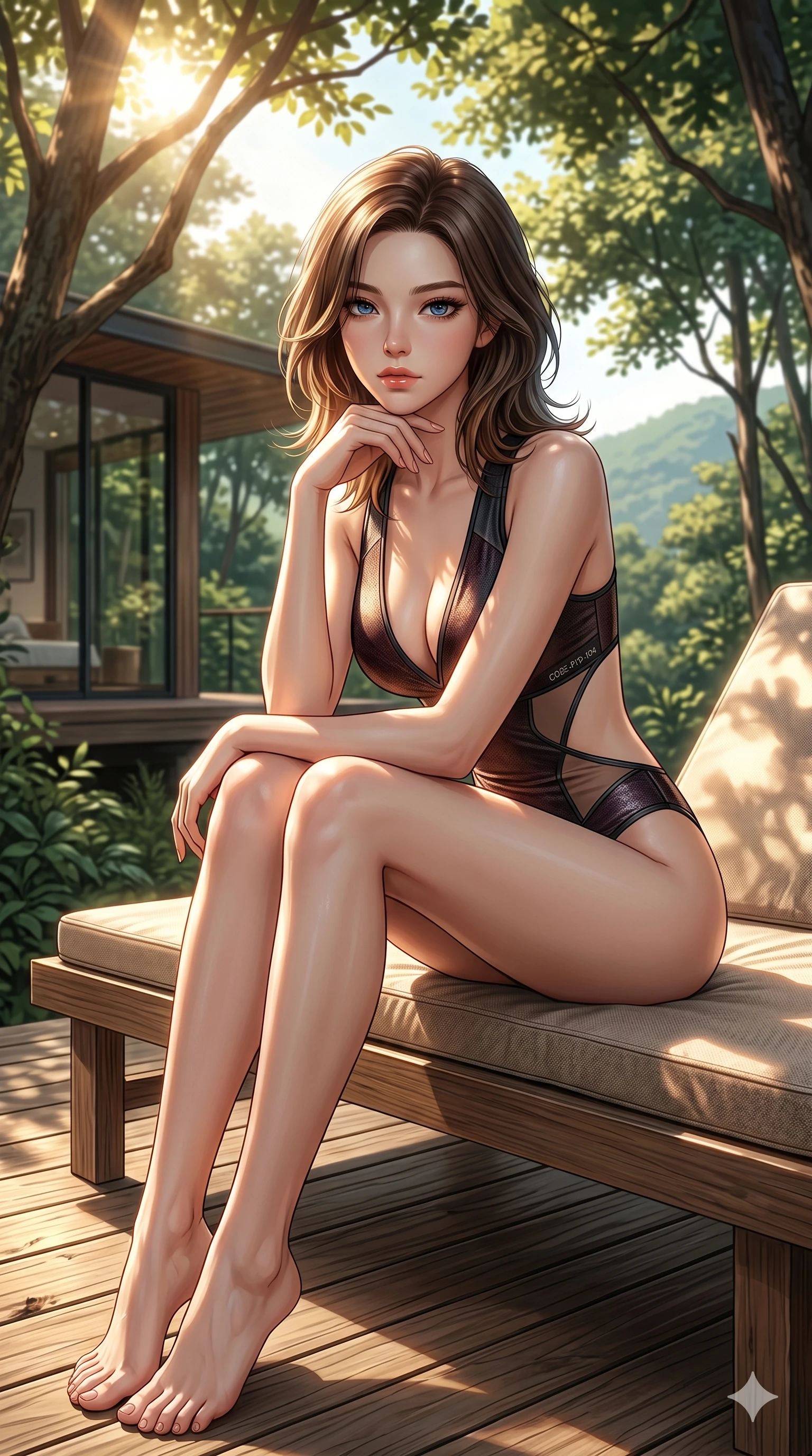 score_9, masterpiece, best quality, ultra-detailed, high-budget anime keyframe, editorial fashion photography, tasteful artistic composition, Korean woman. cowboy shot from the thighs up, character and outfit filling the frame for maximum editorial presence. sitting on a sunbed, resting her chin on her fingers, looking directly into the lens on a secluded deck of a forest villa surrounded by morning sun (Code-P19-104). She has an absolutely perfect 8-heads proportion, an exceptionally tall and slender female figure with impossibly long slender legs and an ultra-slim waist. V-shaped jawline, high-bridge nose, intricate jewel-like eyes with depth, thick eyelashes, glossy lips with a natural sheen. wearing a skin-tight activewear swimsuit with a plunging neck and side cutouts. drenched in brilliant afternoon sunshine, highlighting her sleek silhouette and smooth skin. 2k, ultra detail, master piece, 9:16 ratio