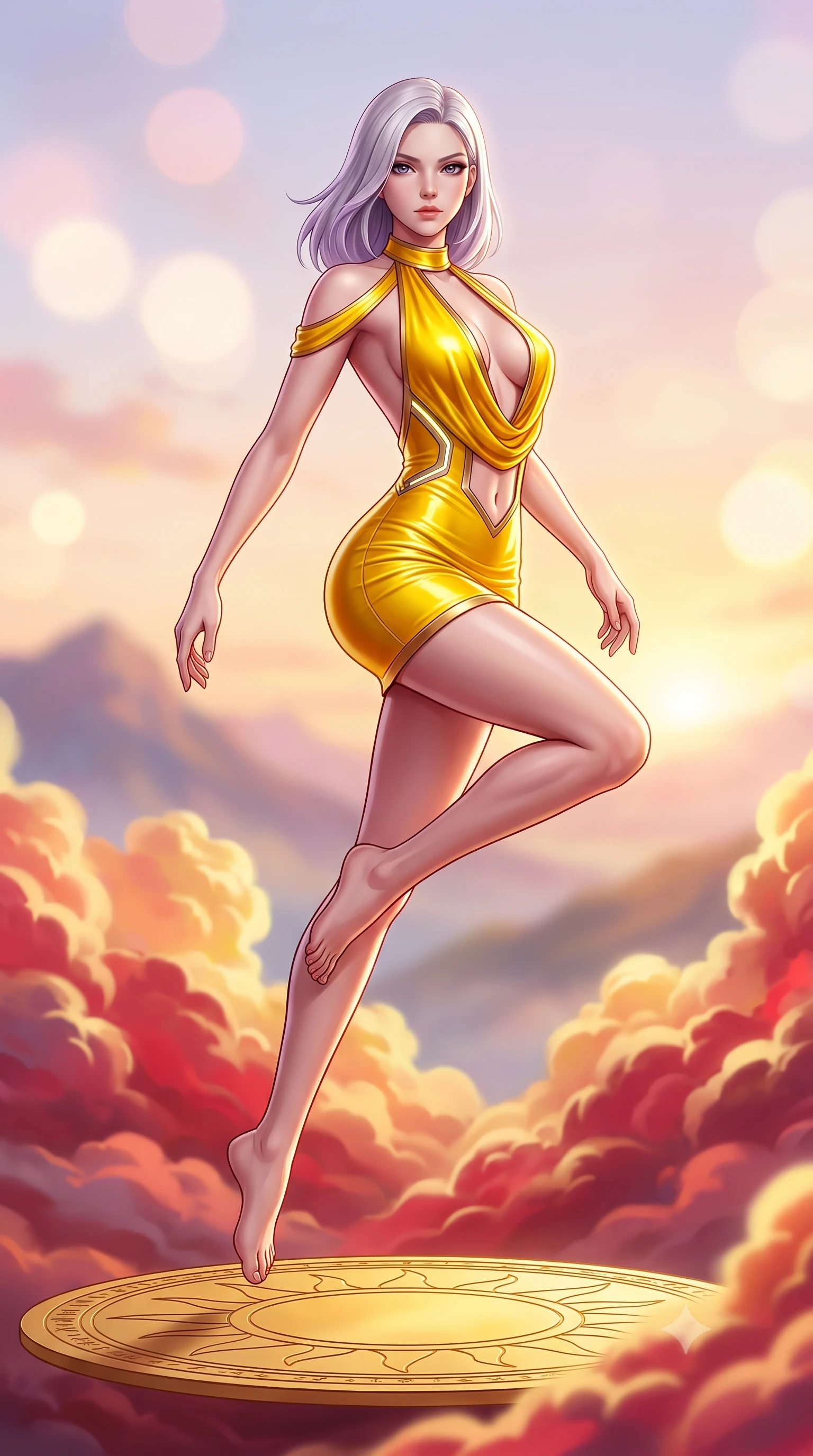 score_9, masterpiece, best quality, ultra-detailed, high-budget anime keyframe, semi-realistic 3D game render, editorial fashion photography, tasteful artistic composition, Caucasian woman. low angle full-body shot from head to toe showing her feet, filling the entire 9:16 vertical frame with her statuesque presence, stretching her vertical silhouette. leaping through mid-air with an athletic yet alluring arch of her spine, her impossibly long slender legs stretched in flawless poise while pivoting dynamically on a floating golden sun-disc runway as crimson and gold sunrise clouds swirl beneath her feet. The composition keeps background elements in soft focus with creamy bokeh. billowing crimson, peach, and gold sunrise clouds blurred into radiant, luminous pastel bokeh. She has an absolutely perfect, statuesque 8.5-heads proportion, an exceptionally tall and slender model-like female figure with impossibly long slender legs, a toned flat midriff, and an ultra-slim waist. sharp v-shaped jawline, high-bridge nose, intricate jewel-like eyes with depth, thick eyelashes, glossy lips with a natural sheen, flawlessly proportioned anatomical accuracy, strict slender model proportions, natural body alignment, perfectly sculpted long slender limbs, ultra-slim waistline, clean dynamic posture without body distortion. wearing a form-contouring liquid satin halter-neck mini dress with a deep crossover cowl front, open back, and ultra-slender waist drape in vibrant sunburst canary yellow and gold trim, made of liquid metal jersey that clings flawlessly to every contour of her build, featuring a dangerously unzipped neckline framed by glowing cybernetic accents, the precision-cut daring openings accentuating her delicate midriff, graceful bare collarbones, and ultra-slim feminine waistline. surrounded by an awe-inspiring, supreme, and radiantly sensual goddess of dawn aura. highly saturated vibrant anime colors, detailed shading with soft gradients, rich glossy textures, high-contrast stereoscopic depth, volumetric dynamic lighting, master piece, 9:16 ratio