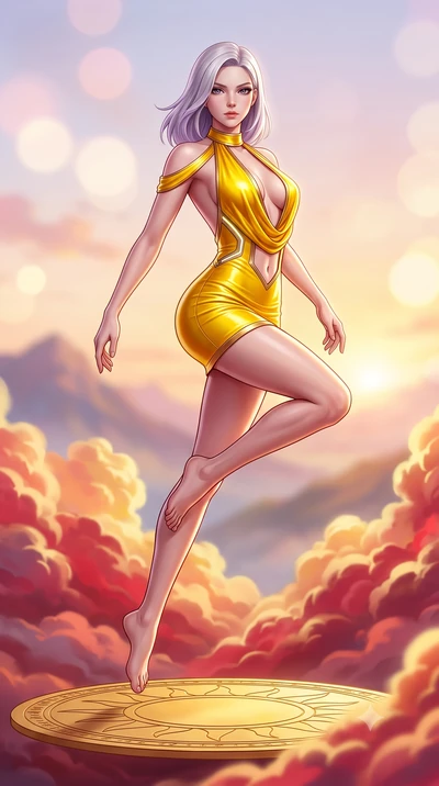 score_9, masterpiece, best quality, ultra-detailed, high-budget anime keyframe, semi-realistic 3D game render, editorial fashion photography, tasteful artistic composition, Caucasian woman. low angle full-body shot from head to toe showing her feet, 