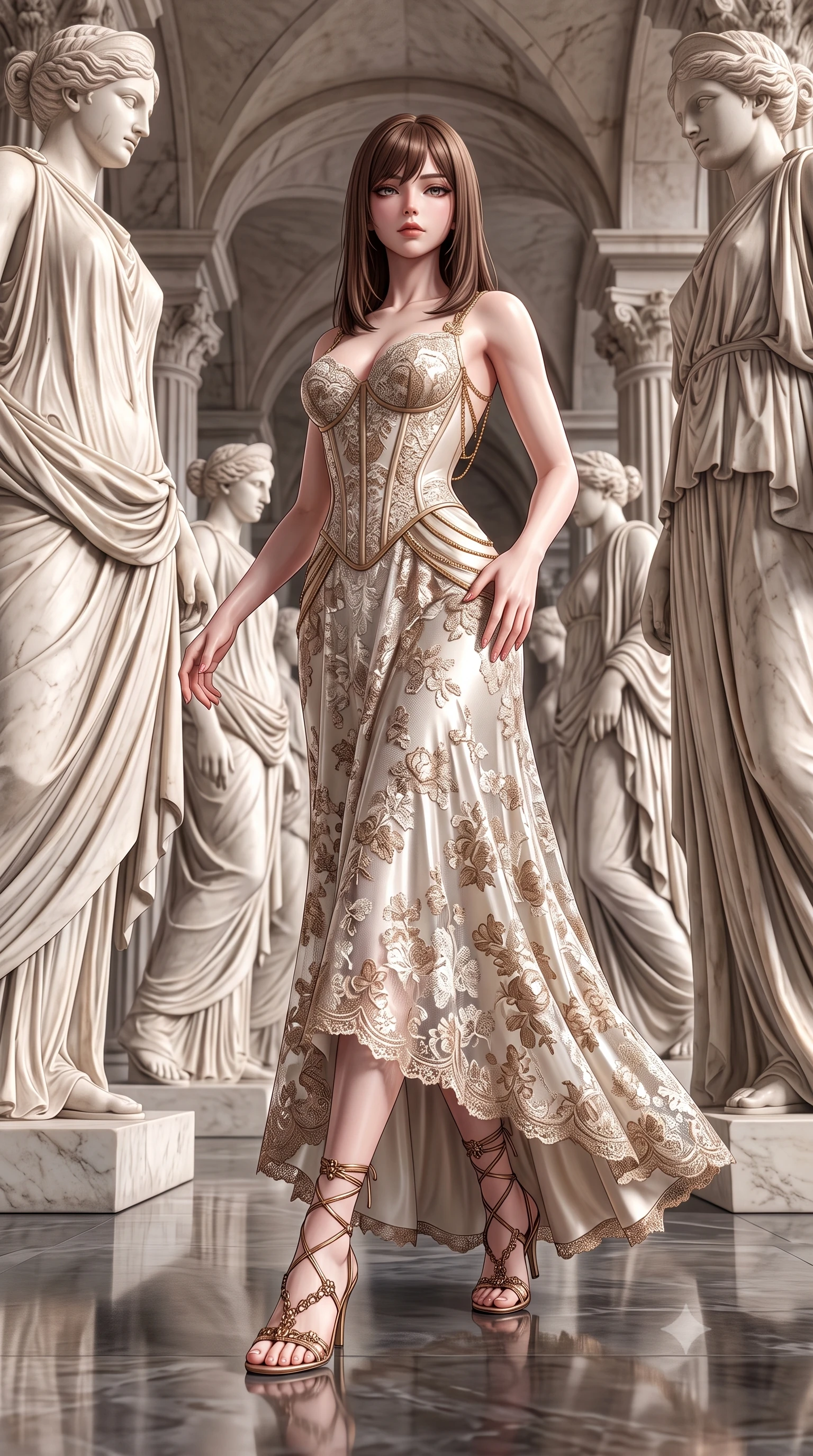 score_9, masterpiece, best quality, ultra-detailed, high-budget anime keyframe, semi-realistic 3D game render, editorial fashion photography, tasteful artistic composition, Korean woman. low angle full-body shot from head to toe showing her feet, filling the entire 9:16 vertical frame with her statuesque presence, stretching her vertical silhouette. striding forward in a proud supermodel runway stride, hips swaying in an alluring kinetic rhythm that accentuates her curvy hourglass silhouette while standing poised between colossal marble statues, one hand sliding along her hip line in pure sculptural supermodel grace. The surrounding environment is rendered in vivid detail and crisp panoramic clarity. sharp carved marble drapery folds, chisel mark textures, and polished stone floor reflections in deep focus. She has an absolutely perfect, statuesque 8.5-heads proportion, an exceptionally tall and slender model-like female figure with impossibly long slender legs, a toned flat midriff, an ultra-slim waist, and beautifully sculpted feminine hips. sharp v-shaped jawline, high-bridge nose, intricate jewel-like eyes with depth, thick eyelashes, glossy parted lips with a natural sheen, intensely captivating and seductive bedroom-eyes expression, flawlessly proportioned anatomical accuracy, strict slender model proportions, natural body alignment, perfectly sculpted long slender limbs, ultra-slim waistline, clean dynamic posture without body distortion. wearing a Renaissance-inspired boned corset bodice gown with exposed clavicle and sculpted hip boning in alabaster ivory and antique bronze, formed from shimmering floral lace over smooth opaque silk lining, accented with a glittering gold back chain tracing her bare spine down to her hip line, the form-contouring material adhering flawlessly to her sculpted flat midriff and slender torso, emphasizing her long leg lines and perfectly proportioned willowy build. surrounded by a divine, timeless, and breathtakingly majestic living sculpture goddess aura. highly saturated vibrant anime colors, detailed shading with soft gradients, rich glossy textures, high-contrast stereoscopic depth, volumetric dynamic lighting, master piece, 9:16 ratio