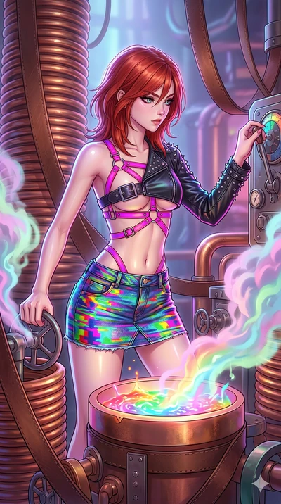 score_9, masterpiece, best quality, ultra-detailed, high-budget anime keyframe, Japanese woman. upper body close-up from the thighs up, character filling the screen for maximum presence. operating a steampunk aurora foundry surrounded by massive copp