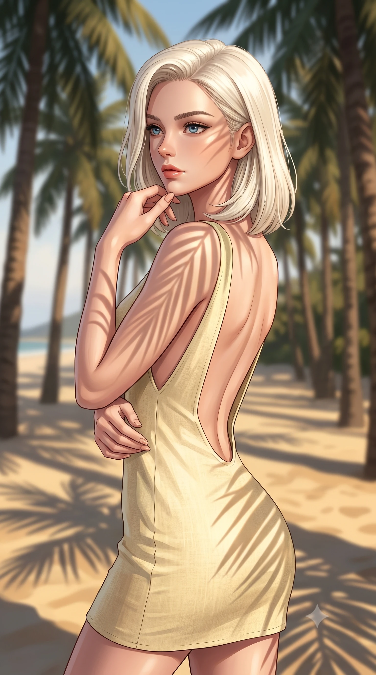 score_9, masterpiece, best quality, ultra-detailed, high-budget anime keyframe, editorial fashion photography, tasteful artistic composition, Caucasian woman woman. close-up cowboy shot from the waist and thighs up, the character dominates the composition, filling the frame with her large presence, background elements kept in soft focus. looking past the camera with a peaceful, thoughtful gaze, enjoying the warm sunlight the background shows a soft-focus a grove of tall palm trees near the beach, their shadows drawing patterns on the sand. She has an exceptionally elegant, slender, and willowy female figure with an ultra-slim waist, a gracefully sculpted slender torso, and a refined silhouette. sharp v-shaped jawline, high-bridge nose, intricate jewel-like eyes with depth, thick eyelashes, glossy lips with a natural sheen. wearing a form-contouring backless summer sundress in pale yellow linen, showing her elegant shoulder blades. warm late afternoon sunrays casting long palm leaf shadows on her form. 2k, ultra detail, master piece, 9:16 ratio