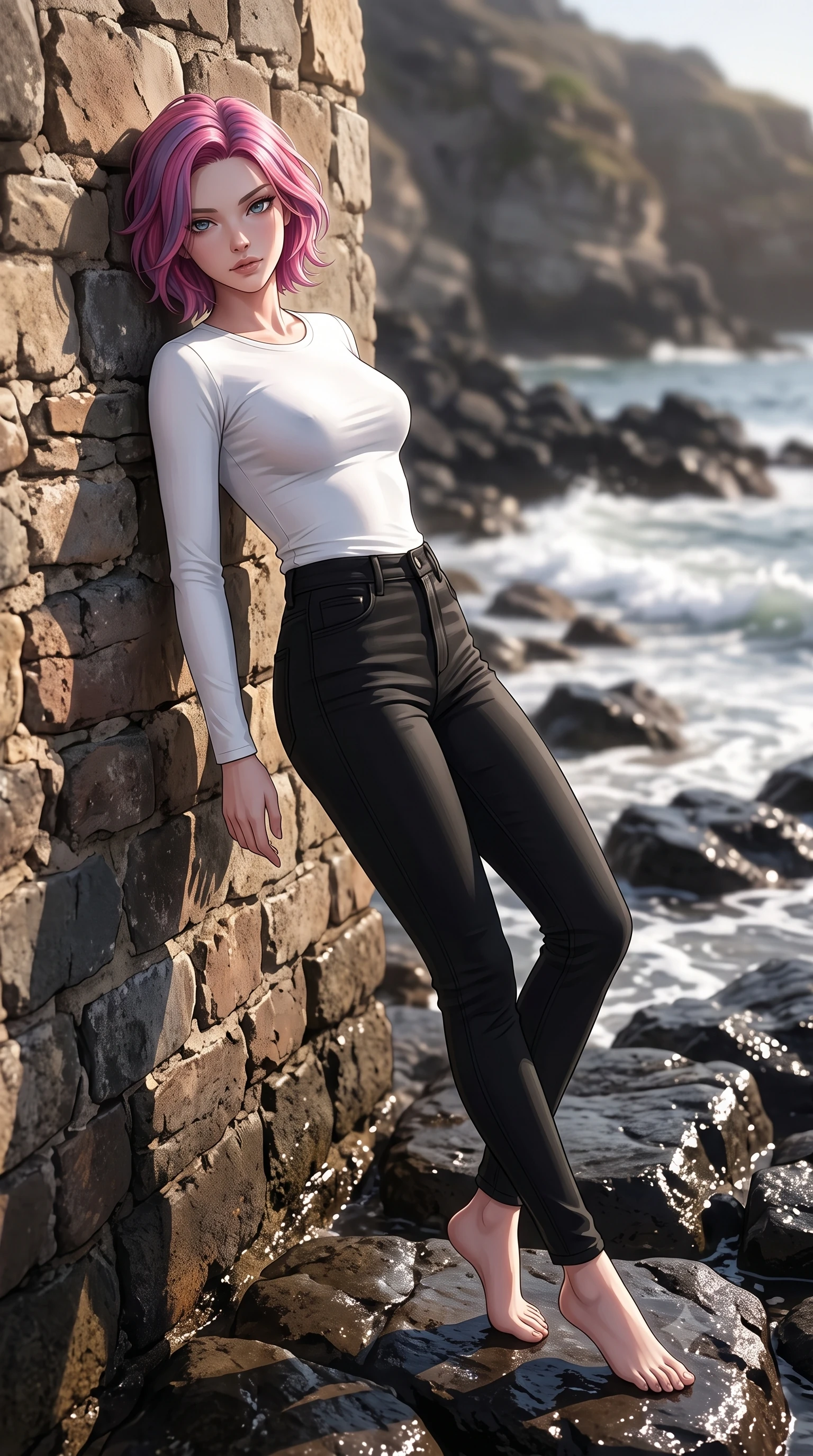 score_9, masterpiece, best quality, ultra-detailed, high-budget anime keyframe, editorial fashion photography, tasteful artistic composition, Caucasian woman woman. low angle full-body shot from head to toe showing her feet, filling the entire 9:16 vertical frame with her statuesque presence, stretching her vertical silhouette. leaning back against a rustic stone wall, casting a slow, alluring gaze at the camera the background shows a soft-focus a rocky coast shoreline with dark wet basalt stones, where gentle waves break into white foam. She has an absolutely perfect, statuesque 8.5-heads proportion, an exceptionally tall and slender model-like female figure with impossibly long slender legs and an ultra-slim waist. sharp v-shaped jawline, high-bridge nose, intricate jewel-like eyes with depth, thick eyelashes, glossy lips with a natural sheen. wearing a form-contouring tight-fitting long-sleeve tee in pure white, tucked into high-waisted black skinny pants. high-contrast afternoon sun rays creating sharp specular highlights on the wet rocks. 2k, ultra detail, master piece, 9:16 ratio