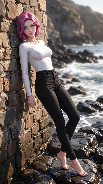 score_9, masterpiece, best quality, ultra-detailed, high-budget anime keyframe, editorial fashion photography, tasteful artistic composition, Caucasian woman woman. low angle full-body shot from head to toe showing her feet, filling the entire 9:16 v