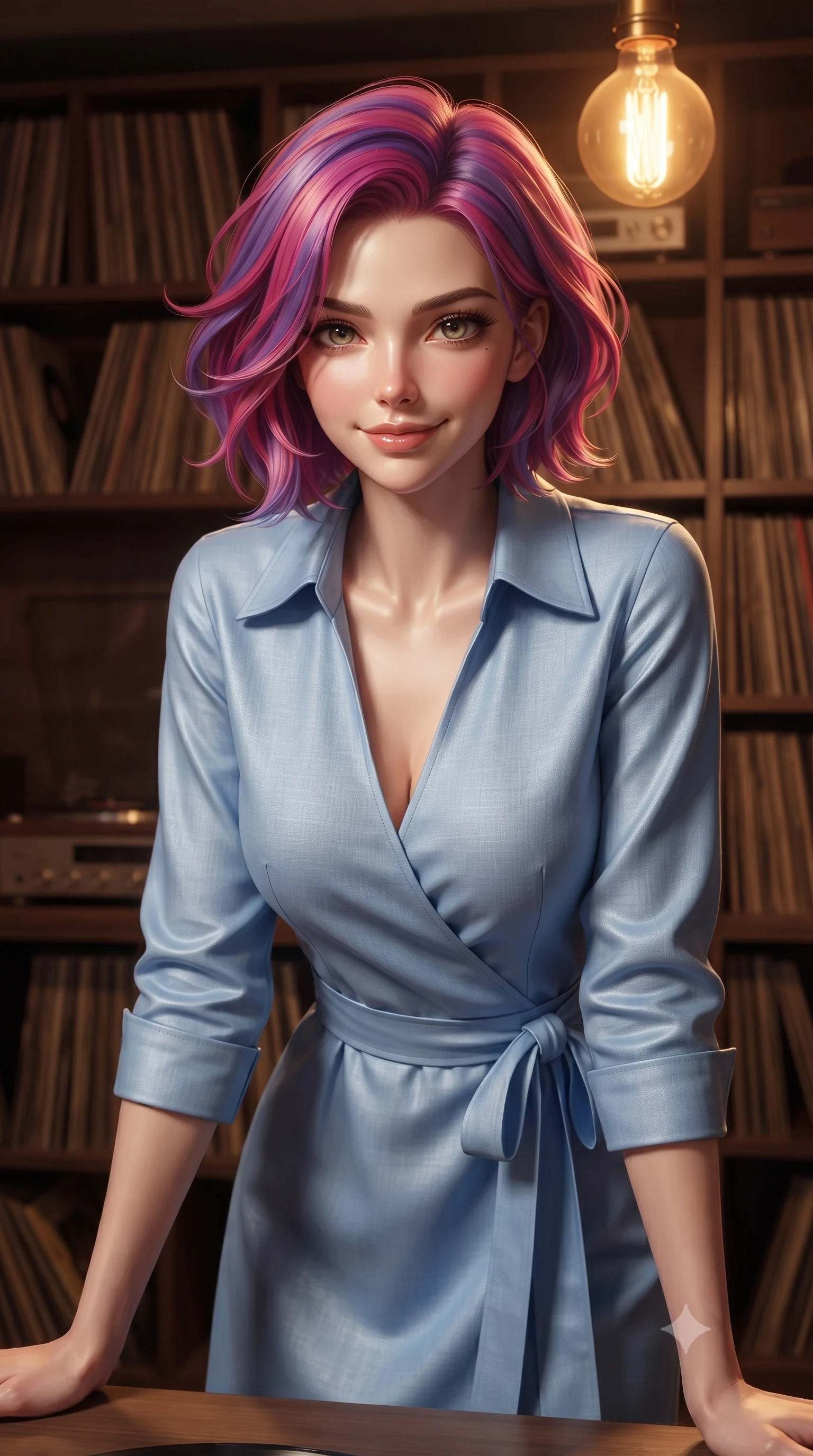 score_9, masterpiece, best quality, ultra-detailed, high-budget anime keyframe, editorial fashion photography, tasteful artistic composition, Caucasian woman. close-up cowboy shot from the waist and thighs up, the character dominates the composition, filling the frame with her large presence, background elements kept in soft focus. leaning slightly forward with a playful, teasing smile, her gaze locked onto the viewer the background shows a soft-focus a private retro LP listening room with dark walnut wood shelves filled with vinyl records. She has an exceptionally elegant, slender, and willowy female figure with an ultra-slim waist, a gracefully sculpted slender torso, and a refined silhouette. sharp v-shaped jawline, high-bridge nose, intricate jewel-like eyes with depth, thick eyelashes, glossy lips with a natural sheen. wearing a body-hugging classic linen wrap shirt dress in sky blue with a structured collar and waist tie. warm golden light from a single retro bulb casting cozy, soft shadows. ultra-reflective glossy finish, specular highlights, metallic sheen, high-contrast stereoscopic depth, volumetric dynamic lighting, 2k, ultra detail, master piece, 9:16 ratio