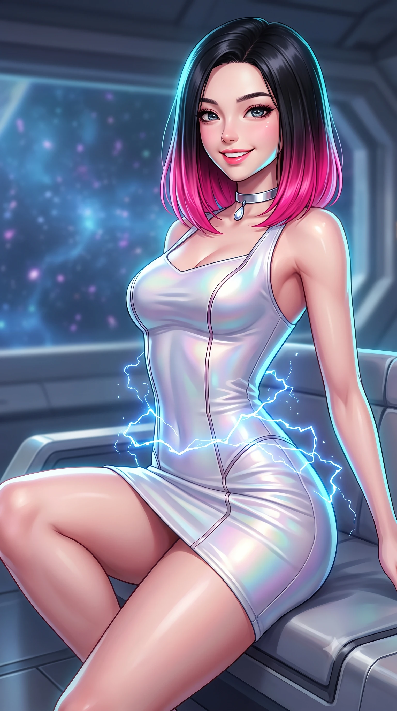 score_9, masterpiece, best quality, ultra-detailed, high-budget anime keyframe, semi-realistic 3D game render, editorial fashion photography, tasteful artistic composition, Korean woman. close-up cowboy shot from the waist and thighs up, the character dominates the composition, filling the frame with her large presence. perched sideways on the lounge seat, one knee drawn up to showcase her slender leg line while her arched back accentuates her feminine hip curve while twisting her slender torso in an alluring contrapposto stance, crackling blue electrical arcs leaping between capacitors wrapping around her narrow waist and curvy hips. The background shows a soft-focus ionized vacuum plasma particles softened in orbital defense platform shallow focus. She has an exceptionally elegant, slender, and willowy female figure with an ultra-slim waist, flat toned midriff, narrow ribcage, and sculpted feminine hips creating an alluring, slim hourglass silhouette without bulk. sharp v-shaped jawline, high-bridge nose, intricate jewel-like sparkling eyes with depth, thick eyelashes, glossy parted lips with a natural peach sheen, bright cheerful beaming smile with an enchanting and coquettish sensual glint, exuding both youthful cute charm and seductive allure, flawlessly proportioned anatomical accuracy, strict slender model proportions, natural body alignment, perfectly sculpted long slender limbs, ultra-slim waistline, clean dynamic posture without body distortion. wearing a tailored liquid velvet combat sheath dress with subtle metallic piping following her feminine curves without bulk in holographic prismatic pearl and aerospace white, crafted from fluid liquid silk satin that clings smoothly to her narrow waist and rounded hips with a dewy sheen, finished with a minimalist chrome choker and a single teardrop diamond pendant, the second-skin tailored fabric adhering flawlessly to her sculpted flat midriff and slender torso, emphasizing her long leg lines and perfectly proportioned willowy build. illuminated by titanium deck reflection bounce and sharp electric-cyan rim lights sculpting her jawline, narrow waist, and curvy hips. highly saturated vibrant anime colors, detailed shading with soft gradients, rich glossy textures, high-contrast stereoscopic depth, volumetric dynamic lighting, master piece, 9:16 ratio