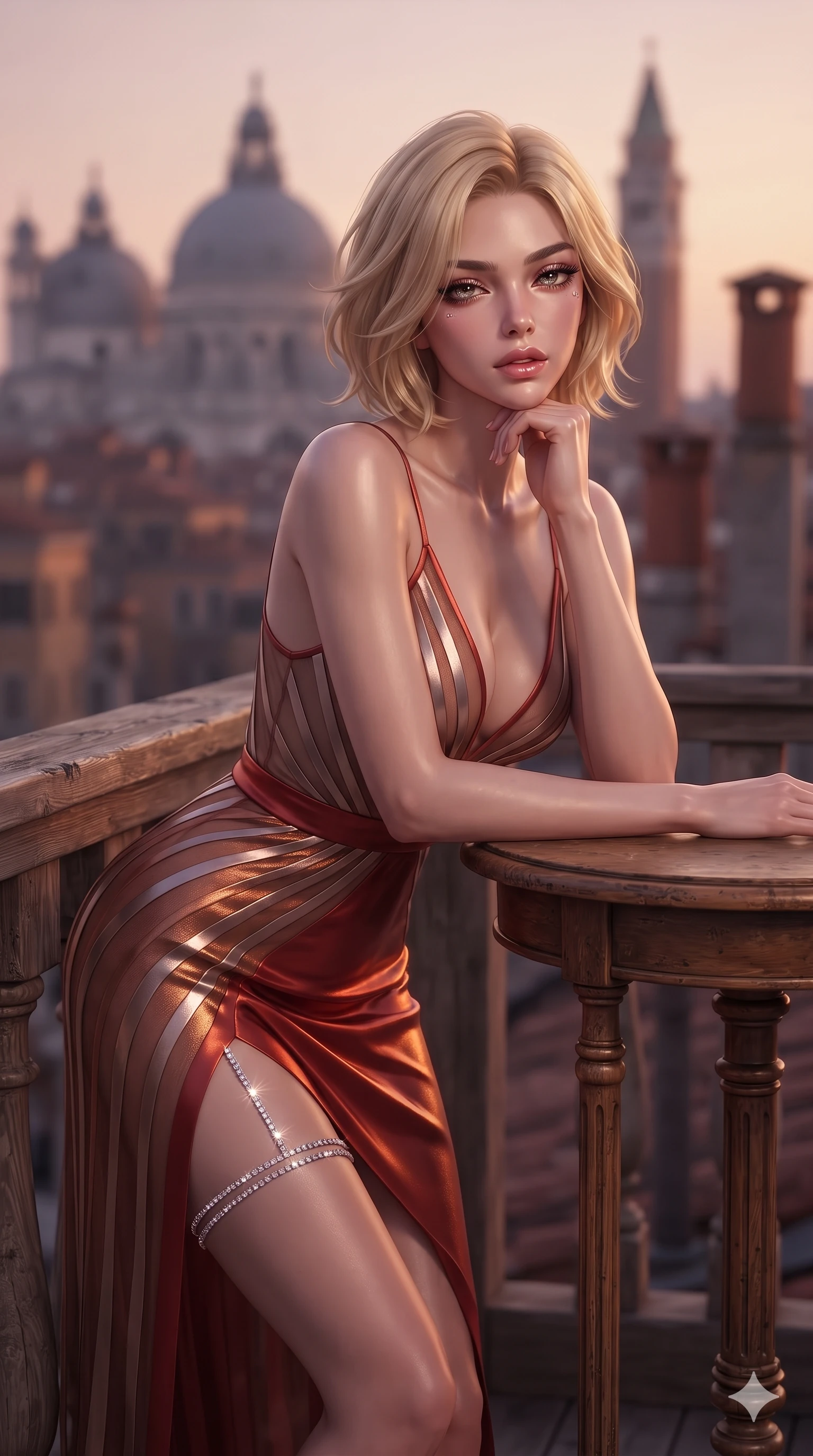score_9, masterpiece, best quality, ultra-detailed, high-budget anime keyframe, editorial fashion photography, tasteful artistic composition, Caucasian woman. close-up cowboy shot from the waist and thighs up, the character dominates the composition, filling the frame with her large presence. resting one elbow on the table and supporting her chin, leaning close to the camera with heavy-lidded sparkling eyes and parted lips while leaning against the weathered cedar balustrade with hips cocked back, gazing through the warm evening breeze with heavy-lidded seductive bedroom-eyes. The background shows a soft-focus silhouettes of ancient basilica domes, soaring bell towers, and terracotta chimney pots blurred into molten copper, violet, and amber bokeh. She has an exceptionally elegant, slender, and willowy female figure with an ultra-slim waist, flat toned midriff, narrow ribcage, and sculpted feminine hips creating an alluring, slim hourglass silhouette without bulk. sharp v-shaped jawline, high-bridge nose, intricate jewel-like sparkling eyes with depth, thick eyelashes, glossy parted lips with a natural sheen, intensely captivating and seductive bedroom-eyes expression, exuding both youthful cute charm and sovereign luxury allure, flawlessly proportioned anatomical accuracy, strict slender model proportions, natural body alignment, perfectly sculpted long slender limbs, ultra-slim waistline, clean dynamic posture without body distortion. wearing a plunge-front sheer illusion tulle slip dress with liquid platinum ribbon stripes hugging her curves in imperial vermilion silk and warm bronze, crafted from luxurious metallic lamé that shifts radiance with every step, finished with delicate crystal-encrusted thigh garter straps glinting in the dim light, the high-slit wrap tailoring accentuating her ultra-slim waistline and the enchanting curve of her feminine hips with alluring seductive charm. illuminated by warm wood deck bounce and sharp copper-violet rim lights sculpting her razor-sharp jawline, narrow waist, and curvy hips. ultra-reflective glossy finish, specular highlights, rich textural contrasts, high-contrast stereoscopic depth, volumetric dynamic lighting, 2k, ultra detail, master piece, 9:16 ratio