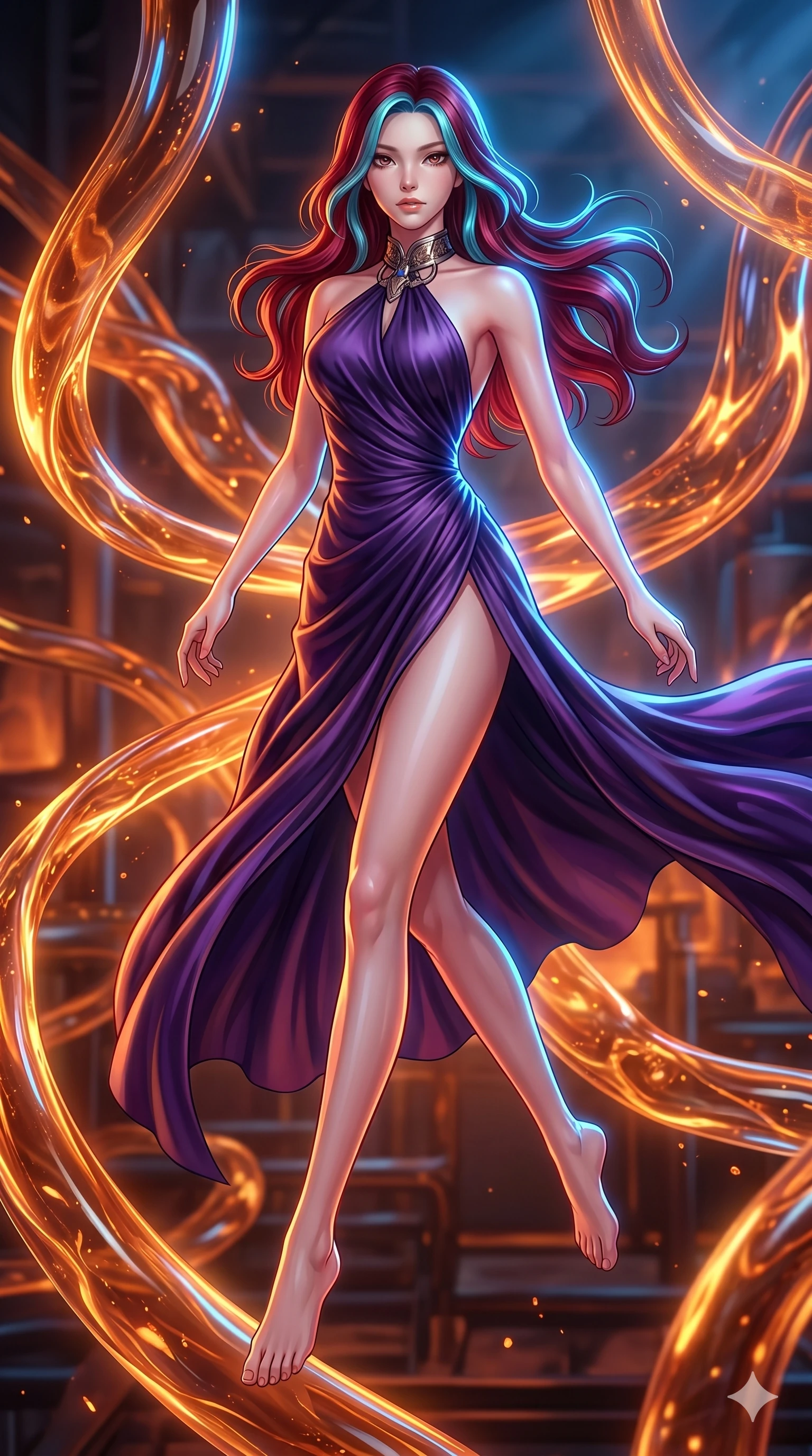 score_9, masterpiece, best quality, ultra-detailed, high-budget anime keyframe, Japanese woman. upper body close-up from the thighs up, character filling the screen for maximum presence. bounding through a molten glass art studio where twisting, glowing amber glass tubes rotate like fluid rivers in a heated environment. She has an absolutely perfect 8-heads proportion, an exceptionally tall and slender female figure with impossibly long slender legs and an ultra-slim waist. V-shaped jawline, high-bridge nose, intricate jewel-like eyes with depth, thick eyelashes, glossy lips with a natural sheen.. wearing a gothic liquid silk gown, featuring a deep purple liquid silk maxi gown draped around her, secured by a metallic choker collar, with a high elegant side slit. bathed in brilliant cinematic volumetric lighting and intense neon rim light highlighting her slender form. 2k, ultra detail, master piece, 9:16 ratio